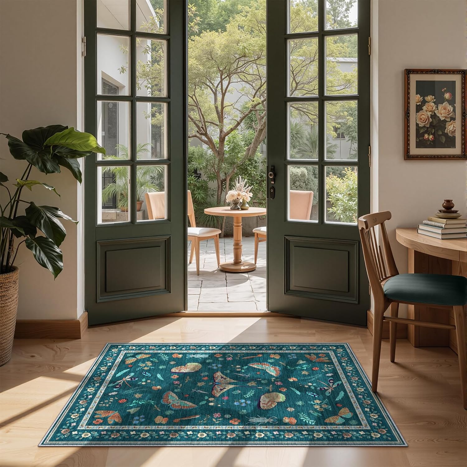 2x3 Entryway Rug with Insect Print - Indoor Non-Slip Small Bug Rug for Front Door, Low Pile Machine Washable Throw Carpet for Entryway, Kids Nursery, Bedroom, Kitchen, Laundry, Bathroom (2'x3' Teal)