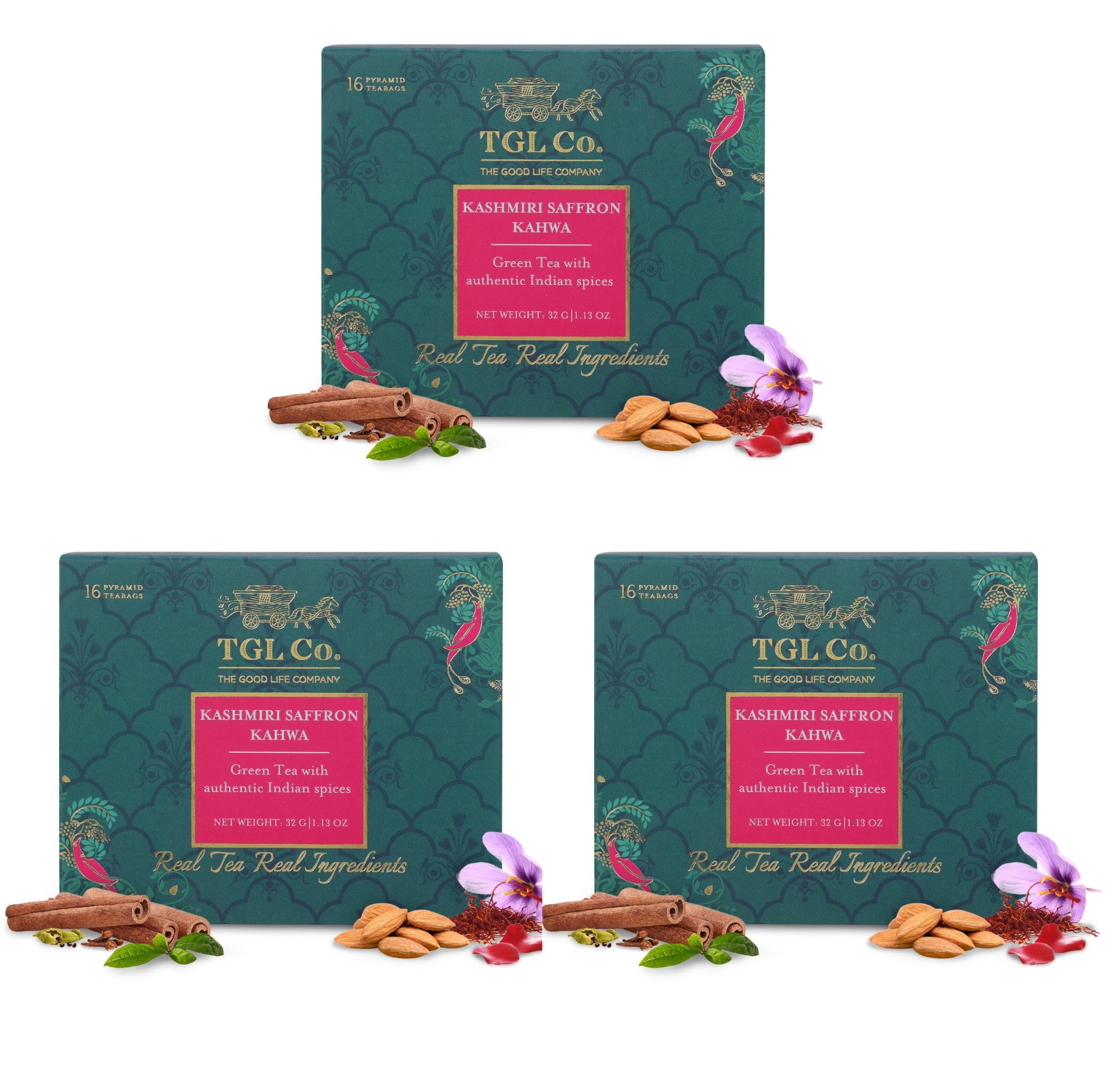 TGL Co. Kashmiri Saffron Kahwa Green Tea (Pack of 3, 16 Tea Bags Each) | Saffron-Infused Aromatic Blend | Boosts Immunity & Energy | Supports Digestion | Relieves Stress | Rich & Exotic Flavor