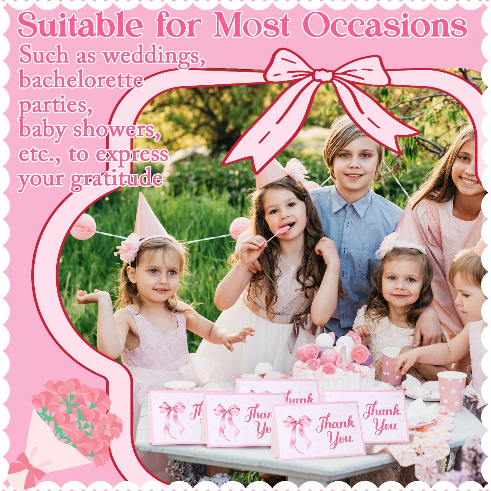 Motiskyy Lot de 100 cartes de remerciement avec nœud rose avec enveloppes et autocollants 10,2 x 15,2 cm - Cartes de vœux vierges pour fête prénatale, mariage, fête d'anniversaire