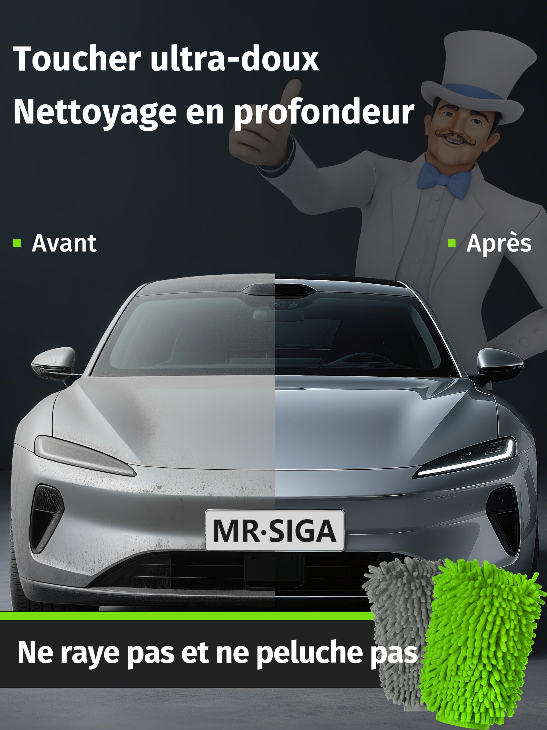 MR.SIGA Gant de Lavage en Microfibre de Chenille Souple Surchoix | Gant Microfibre pour Nettoyage de la Voiture, Lot de 2, Gris et Vert