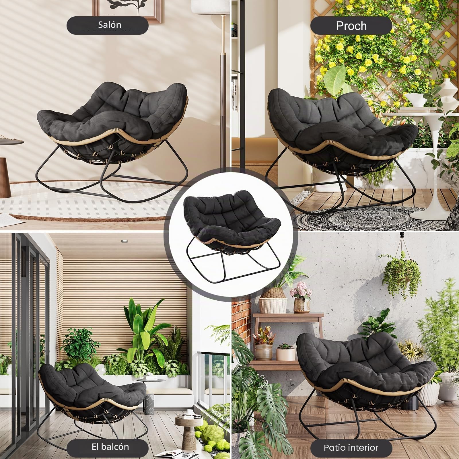 TWSOUL Mecedora para jardín, salón, relax, sillón de ratán, silla mecedora con acolchado, soporta hasta 150 kg, para jardín, dormitorio, salón, balcón (negro)