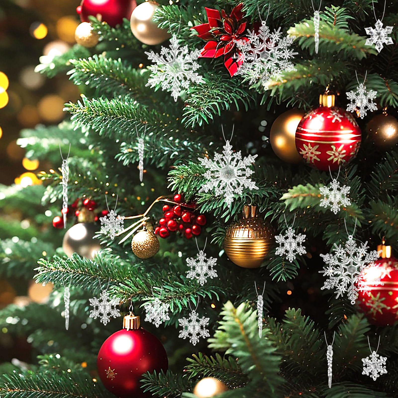 Christmas Tree Decoration Sparkling Snowflake & Icicle Drop Ornaments,40Pcs Clear Christmas Hanging Snowflake Decors with String, Christmas Tree Ornaments for Winter Holiday Xmas Decoration Indoor