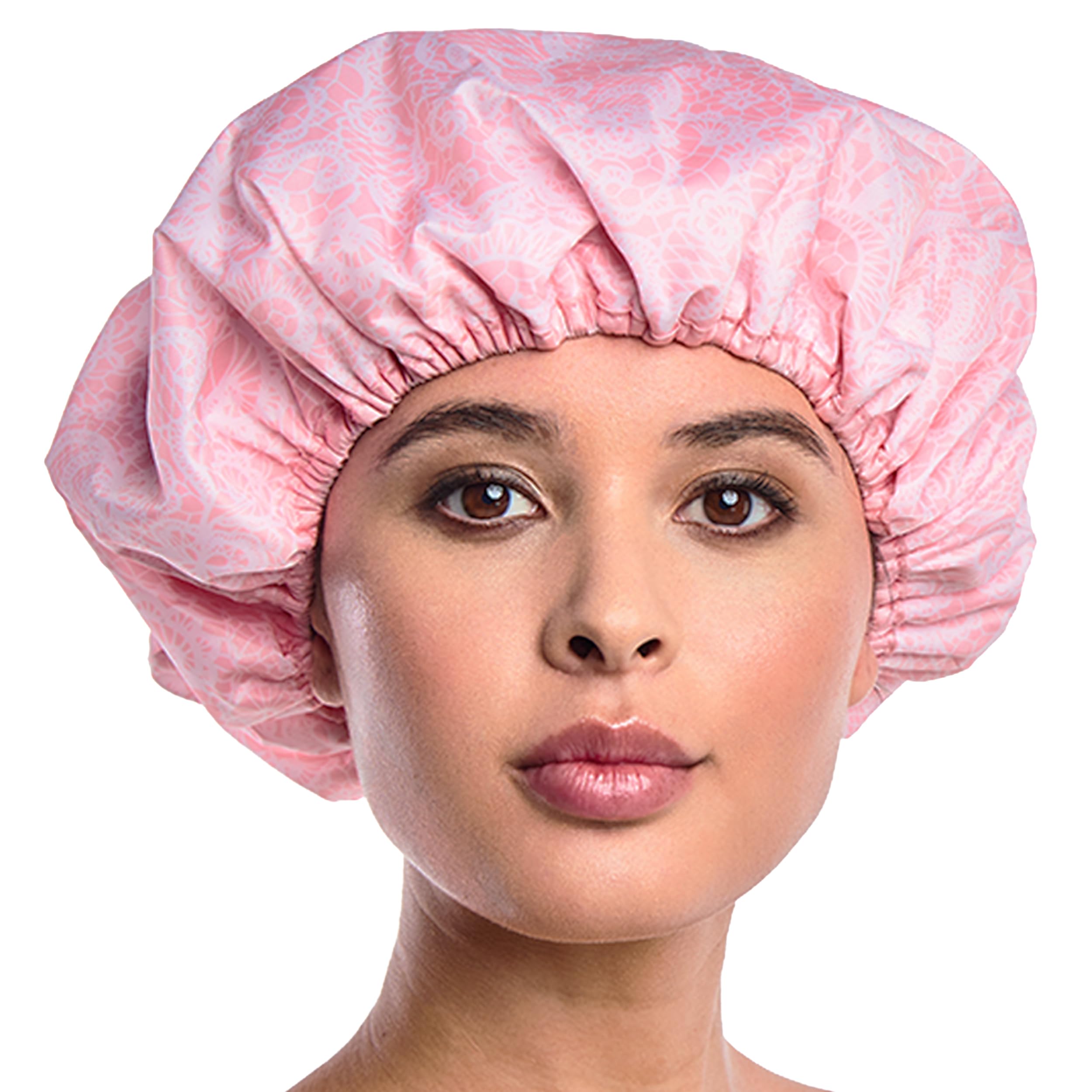 Betty Dain Socialite Collection Terry Lined Shower Cap, Waterproof Nylon Exterior, Reversible Design for Shower or Sleeping Cap, Oversized for All Hair Lengths, Elasticized Hem, Pretty In Pink Lace-image-17
