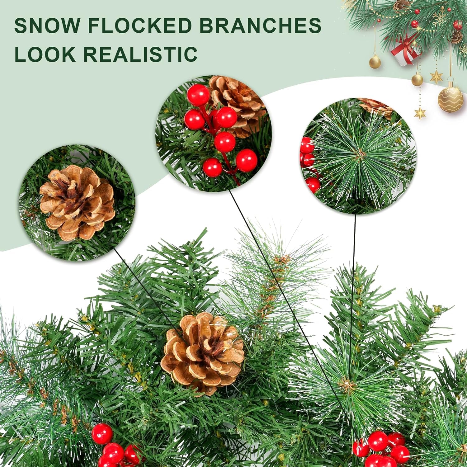 Uten Guirnalda de Navidad Artificial, Corona de Pino de PVC de 2,7 m, 12 Piñas y 12 Frutos Rojos, 240 Ramas, Decoración Navideña, Adecuada para Marcos de Puertas, Chimeneas, Escaleras, Ventanas