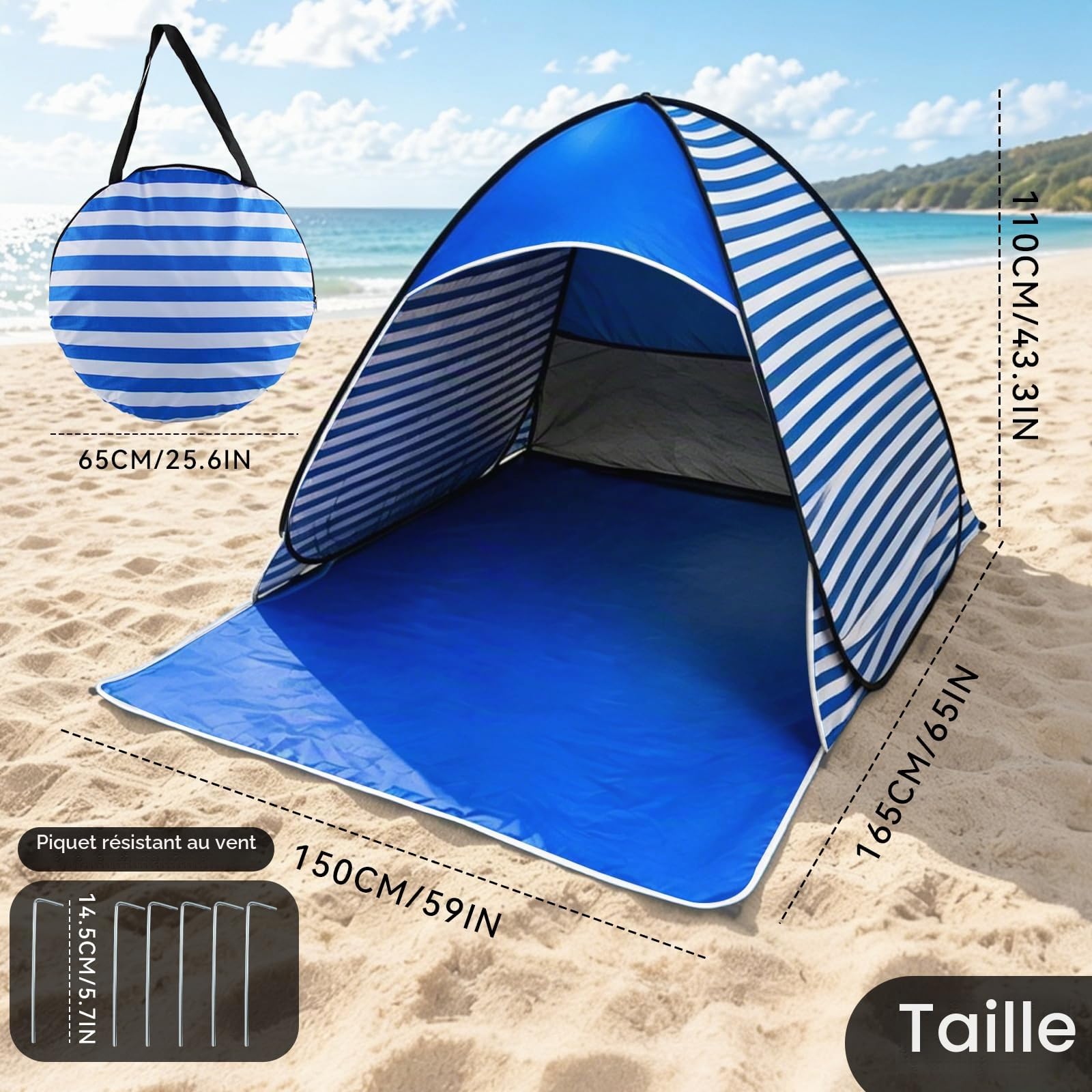 Tente de Plage Pop-Up, Abri de Plage Pop-Up, Protection UV 50+, pour 2 à 3 Personnes, avec Sac de Rangement et Sardines, Idéal pour Le Camping Familial, Les Pique-niques et la Plage (Bleu)