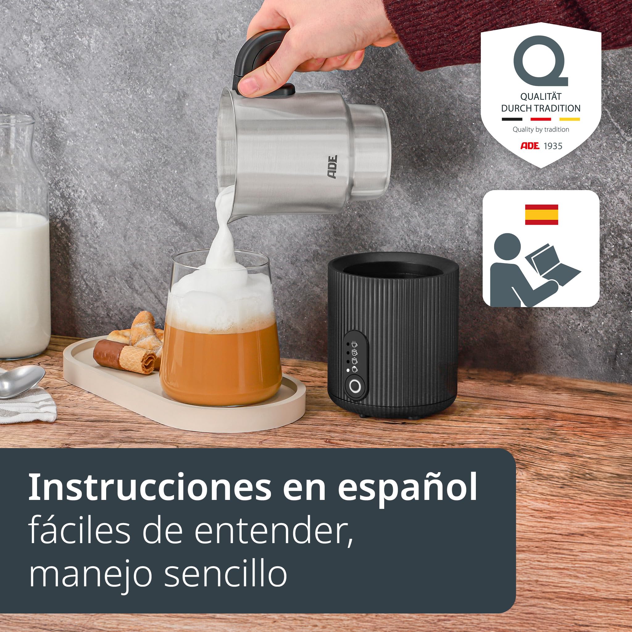 ADE Espumador de Leche Eléctrico 4en1 | para espuma de leche caliente y fría + calienta leche | recipiente inox extraíble | para capuchino, latte macchiato, café helado, cacao | 300 ml | 500 W