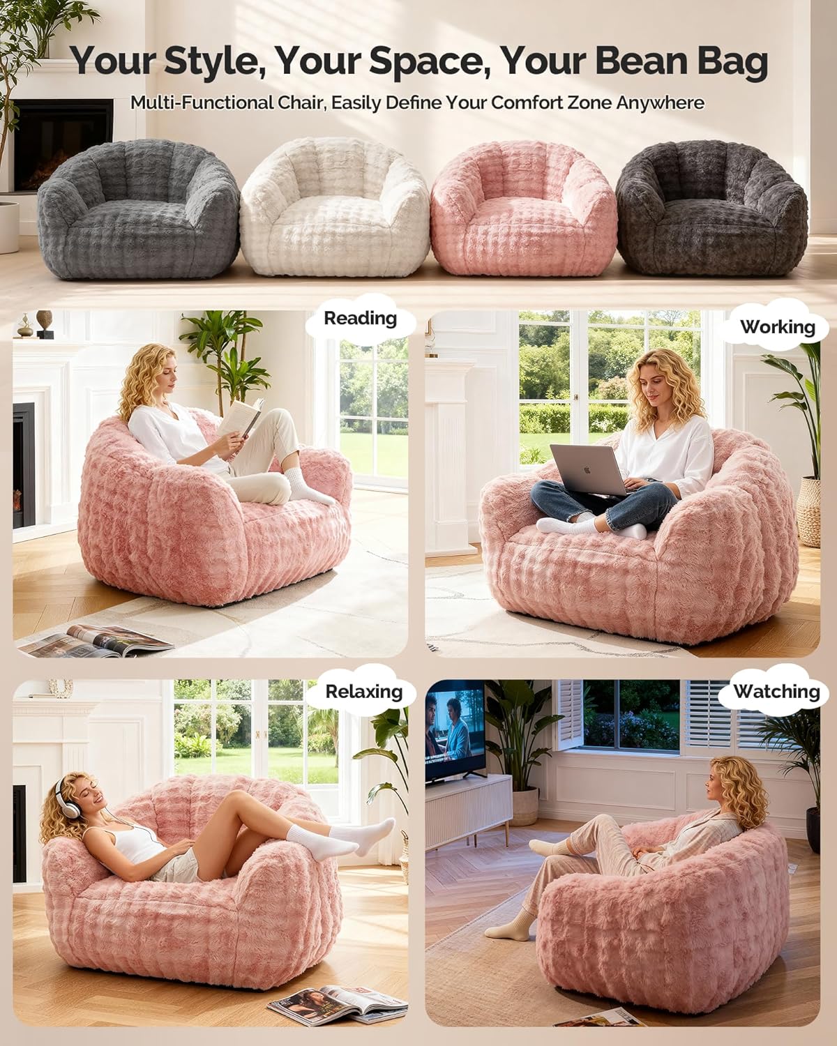 KINGYES Bean Bag Chair, Giant Bean Bag Couch with Memory Foam Filled, Gaming Beanbag Chair for Adults, Bean Bag for Kids & Teen, Pink - Image 6