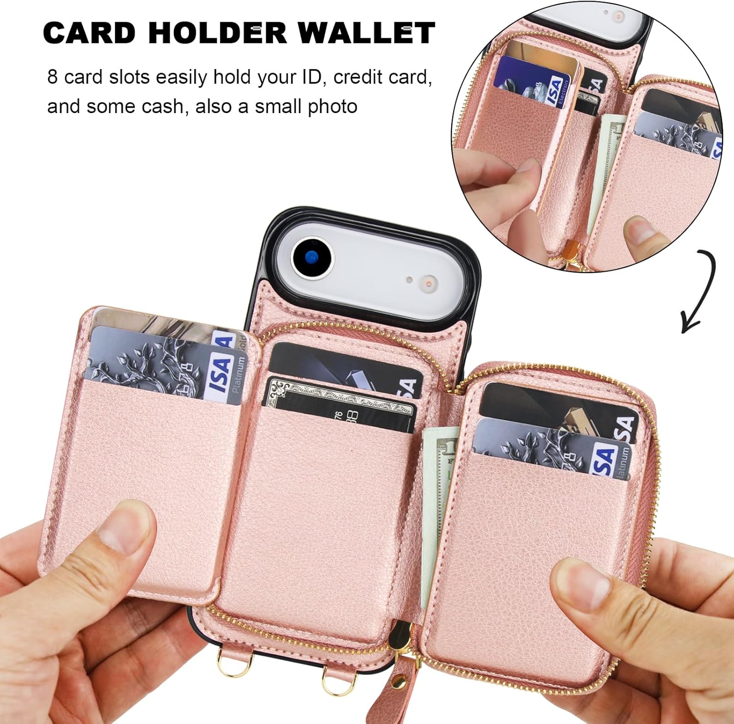 Bocasal for MagSafe Crossbody Wallet Case Compatible with iPhone 17 Air, RFID Blocking Protective Purse Case with Card Slots Holder Kickstand Wrist Strap Lanyard Zipper 6.5 Inch 5G (Rose Gold)