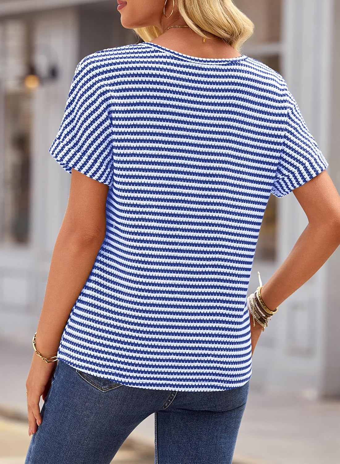 EVALESS Womens Dressy Casual Cap Short Sleeve Tops Trendy Summer V Neck Loose Striped Casual Basic T Shirts Tee Blouses - Image 3