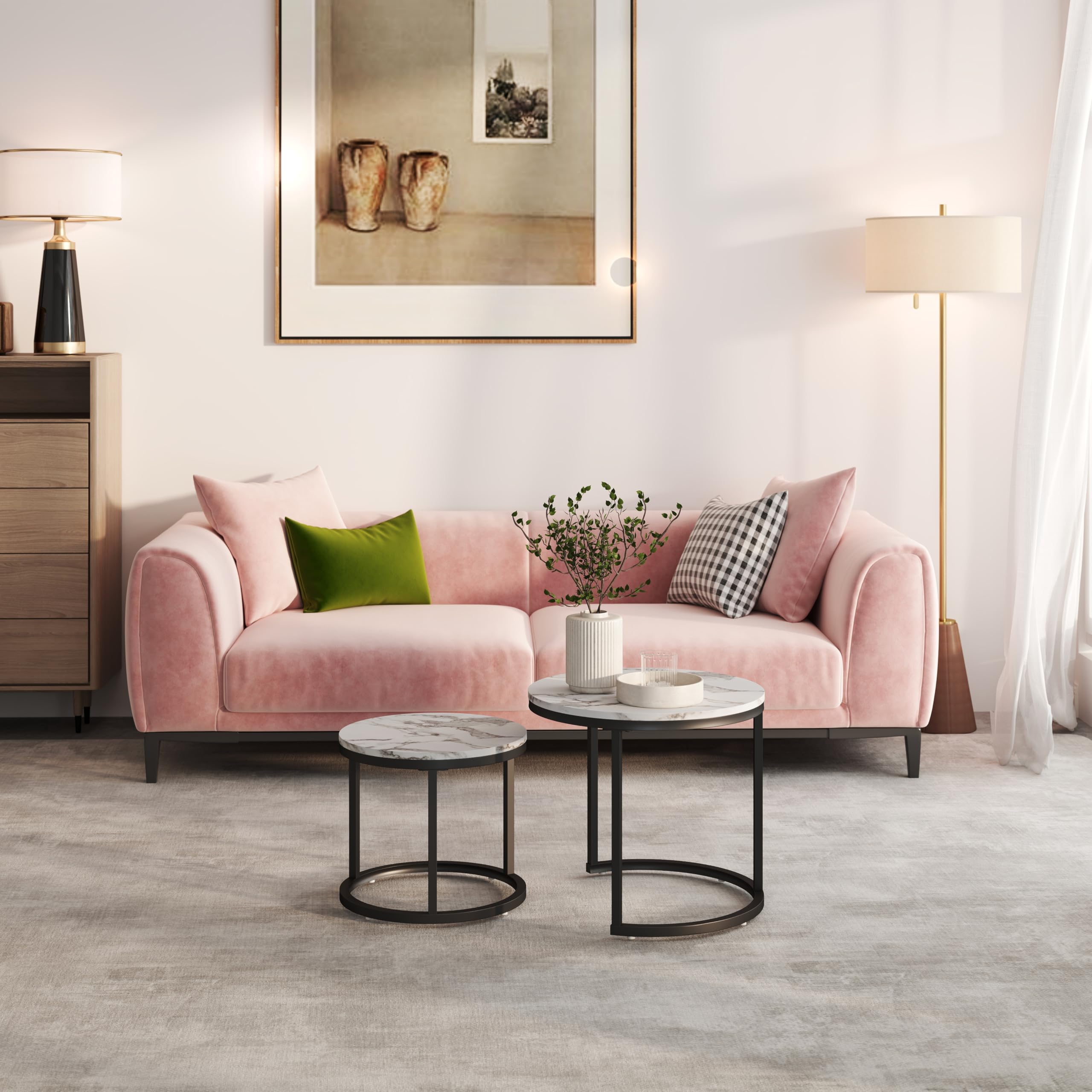 Tavolini da Salotto set di 2 pezzi, Marmo Effetto Texture Tavolo Rotondo, cornice nera Tavolino da Salotto Moderno, Tavolino Salotto Bianco accomodabilee