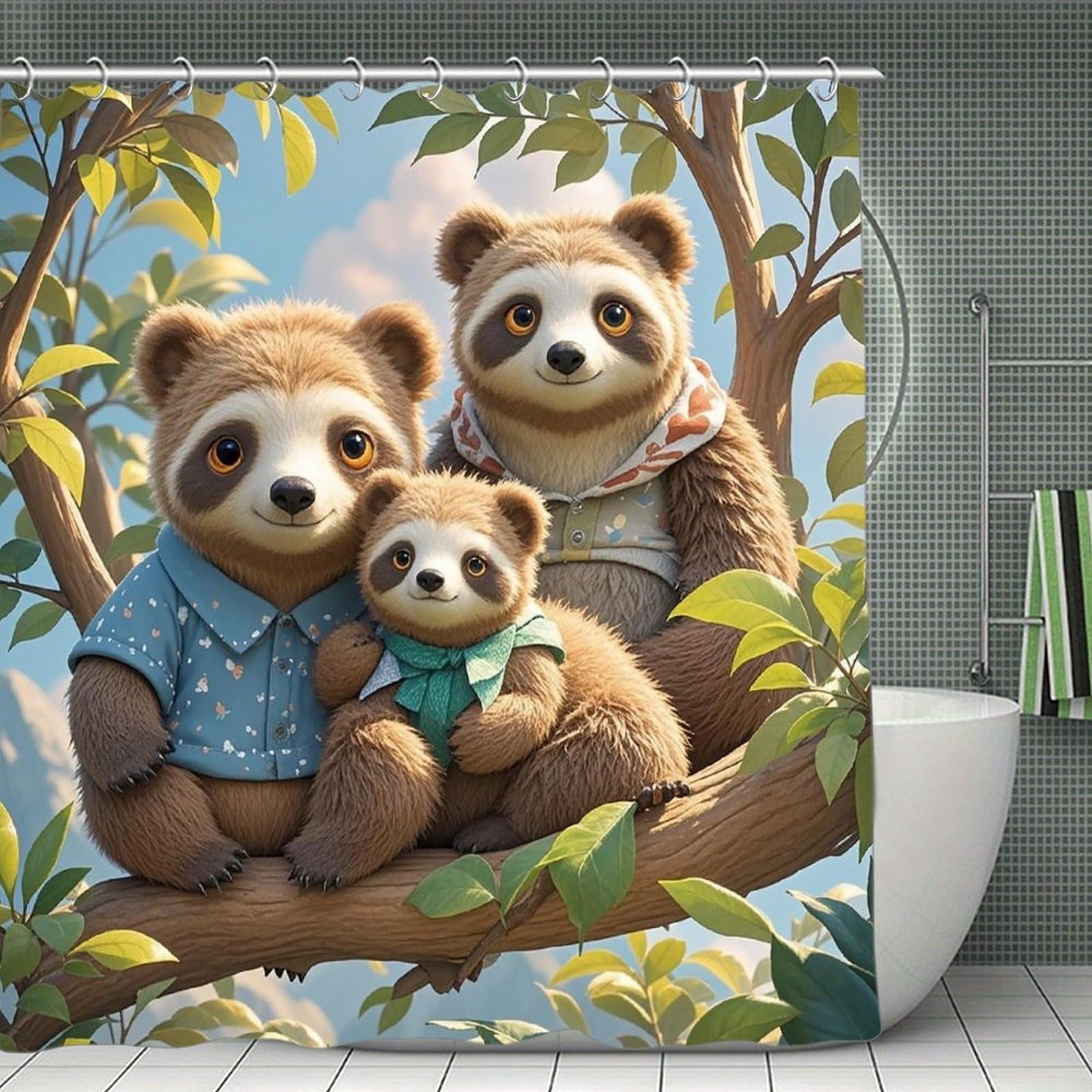 FekiLoot Sloth Family Shower Curtain Minimalist Thick Bathroom Curtain Washable Modern Bathroom Shower Curtain Heavy Duty Waterproof Cloth Bath Curtain with Hooks 70.8"x70.8"