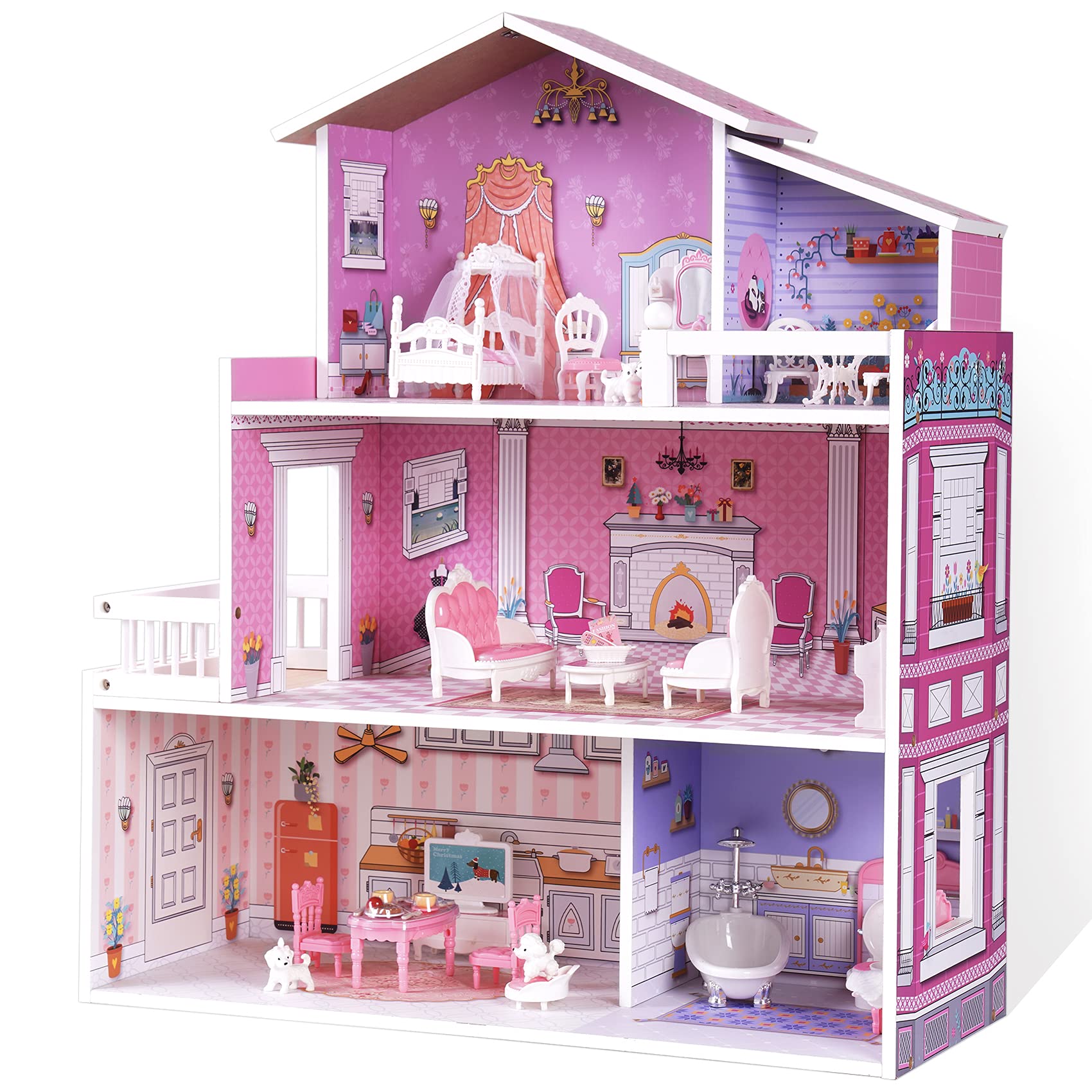 ROBUD Wooden Dollhouse for Kids with 24pcs Furniture Preschool Doll