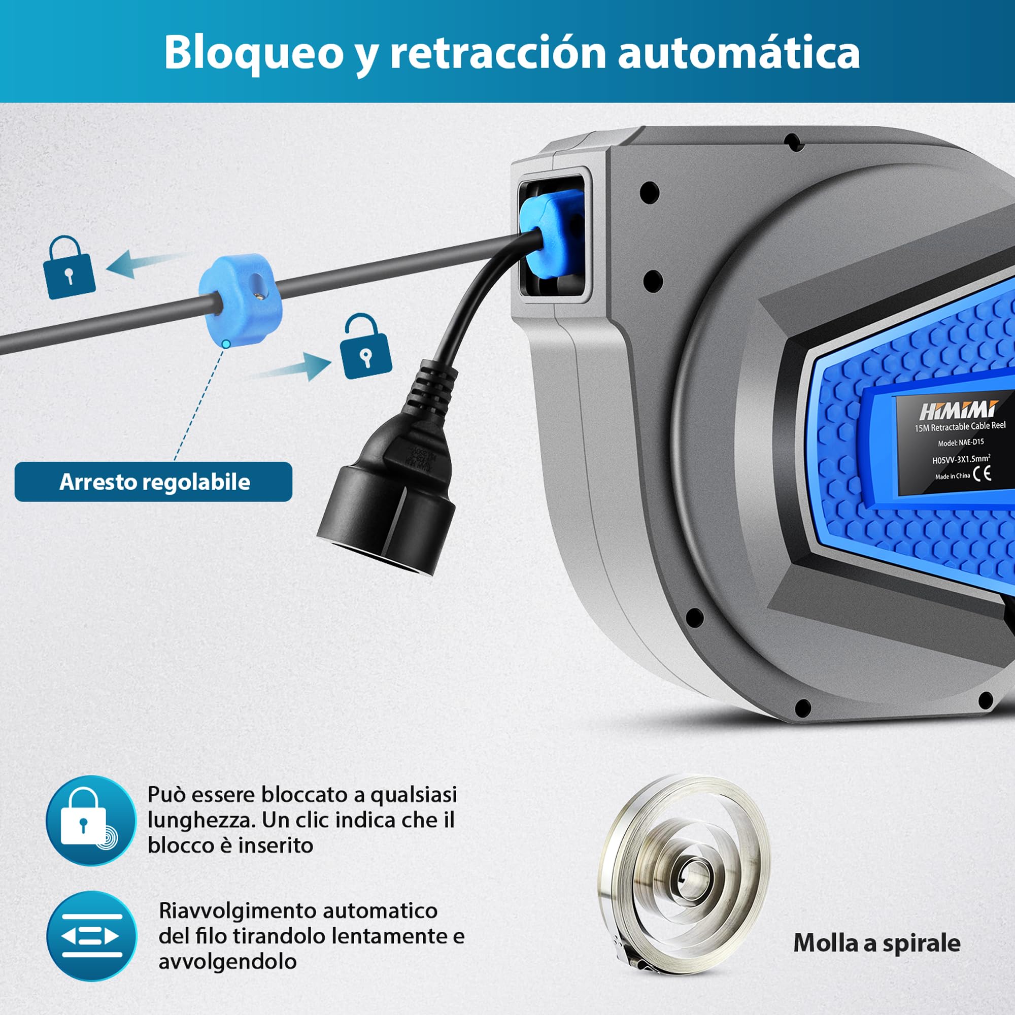 Himimi Carrete de cable retráctil automático de 15 m + 1 m, resistente, de 1500 W a 3000 W, resistente al agua, para uso en interiores y exteriores, con montaje en pared o techo (Blue)