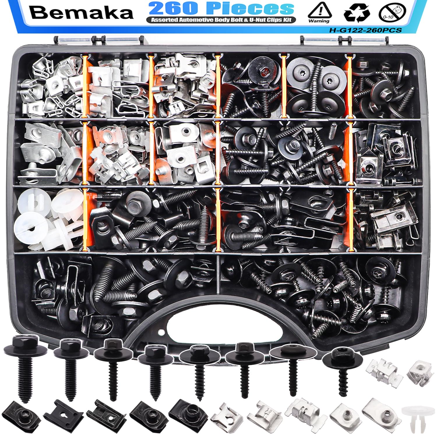 260Pcs Automotive Body Bolt U-Nut Clips Kit 21 Sizes Multipurpose Fender Liner Clip M4 2 M6 M8 1
