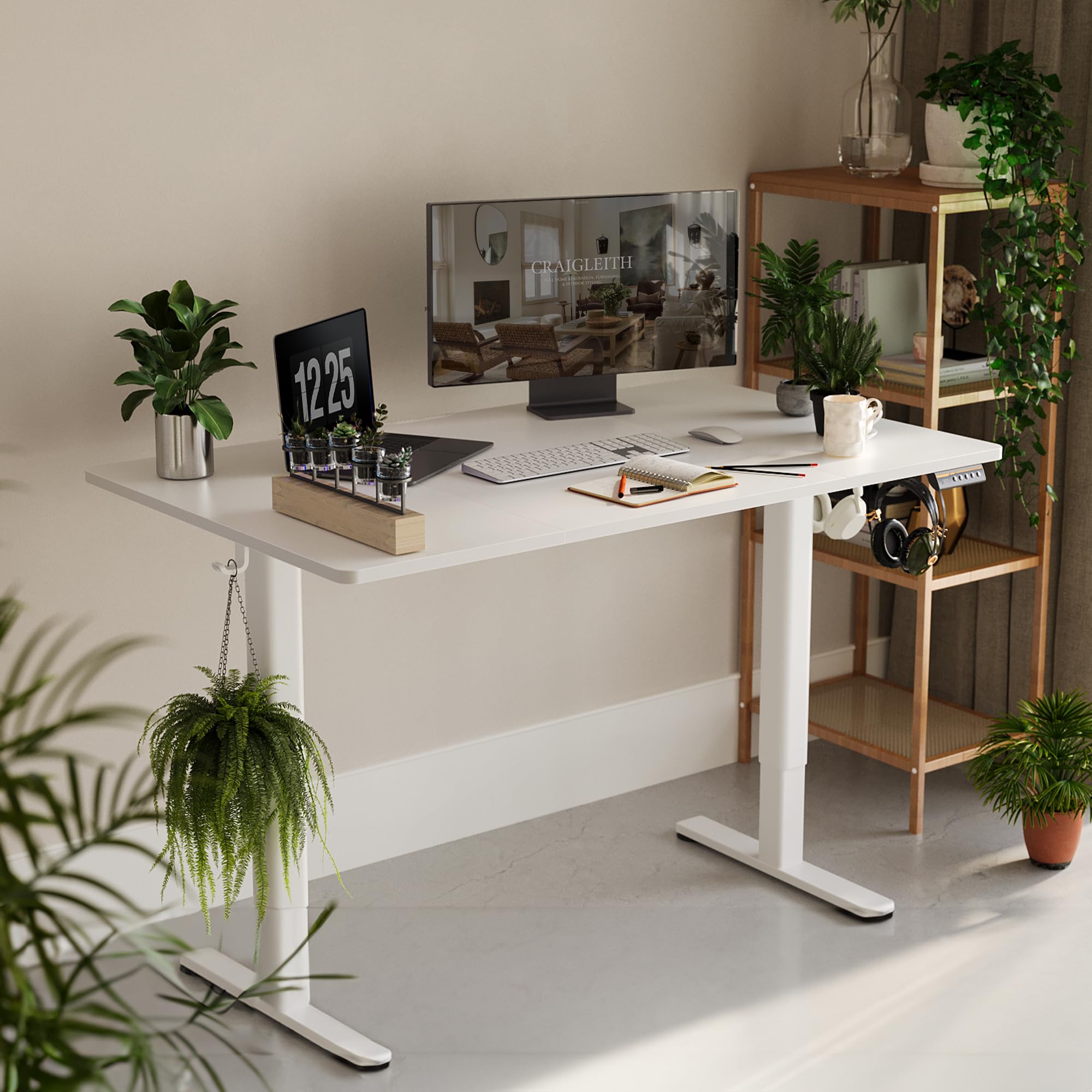 Claiks Höhenverstellbarer Schreibtisch 160 x 80 cm (FSC®), 80KG Tragkraft Schreibtisch Höhenverstellbar mit 2 Haken und 3 Memory-Funktion, Standing Desk mit Leiser Motor für Home Office, Weiß