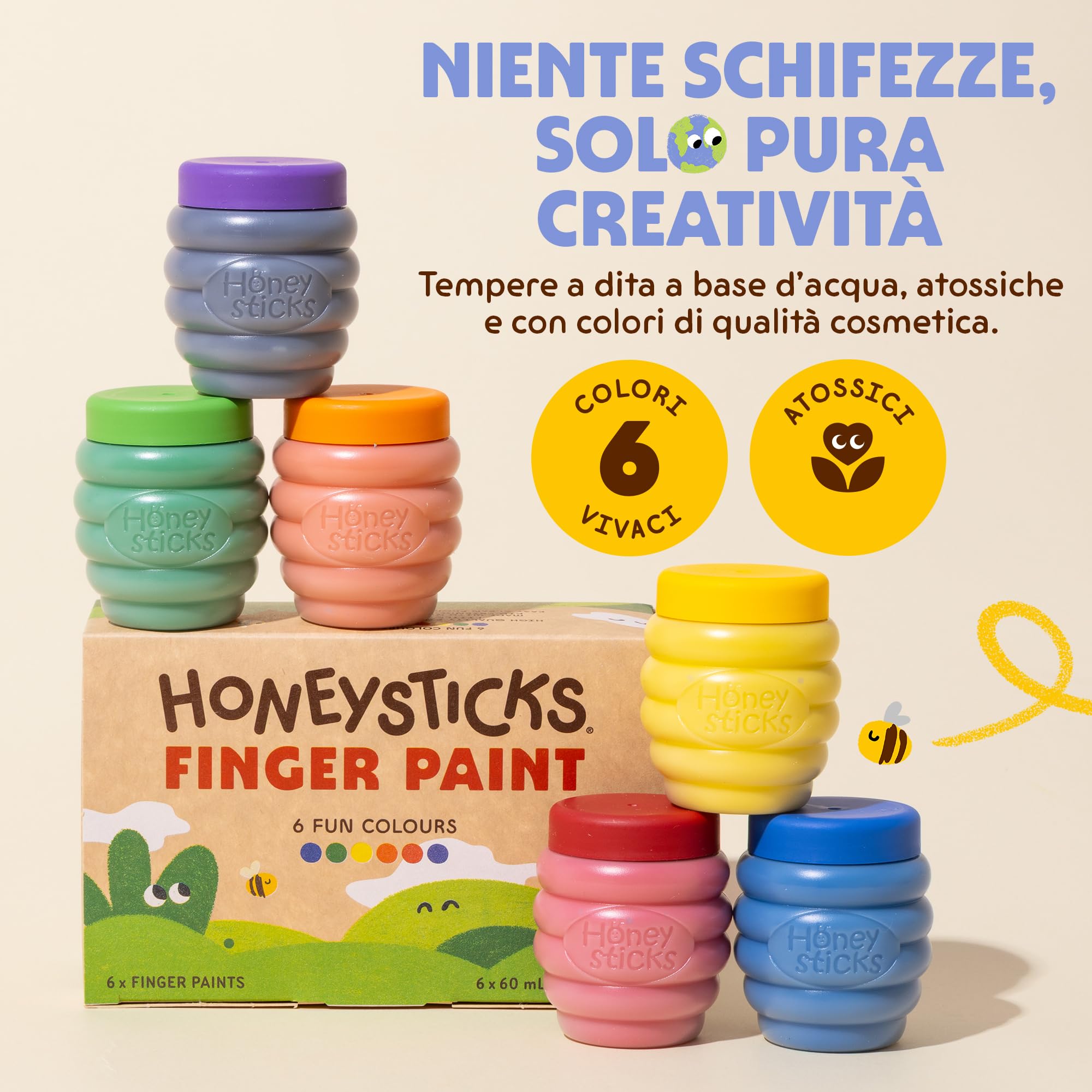 Honeysticks Colori a Dita per Bambini Atossici, 6 Colori per Bambini Brillanti, Lavabili Facilmente da Pelle e Vestiti, a Base d’Acqua ed Ecologici, Sicuri per Bimbi da 1 Anno in Su