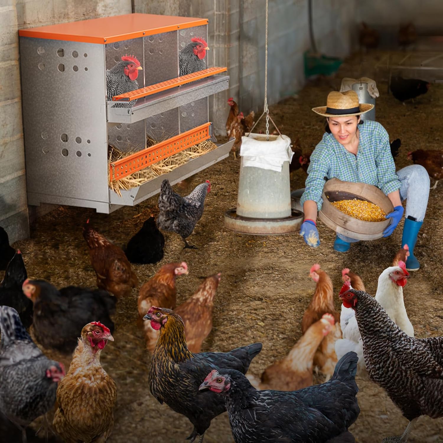 Chicken Nesting Box, 6 Compartment Metal Nesting Boxes for Chickens Laying Eggs, Rust Proofed Nest Box with Roll Away Egg Collection Laying Box for Chicken Coop