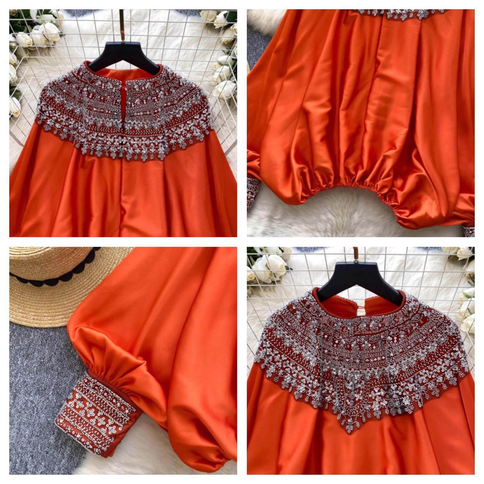 Chemises à manches longues pour femmes, blouse lantern à manches longues avec perles, style bohème, blouse de travail, t-shirts habillés