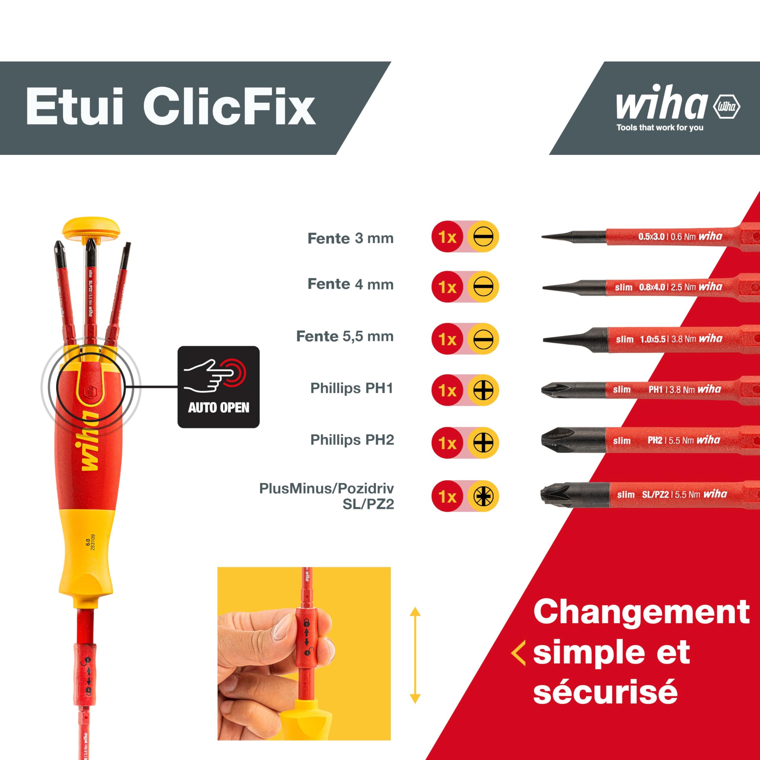 Wiha Tournevis porte-embout isolé LiftUp électricien avec magasin 6 embouts slim (38613) | (38613) Screwdriver set with slimBit magazine for electricians, bit holder, slotted/Pozidriv/PlusMinus