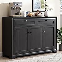 ONBRILL 48 Inch Farmhouse Sideboard Buffet Cabinet, 2 Drawers 3 Doors, Adjustable Shelves, Black Wood Storage for Kitchen Living Room