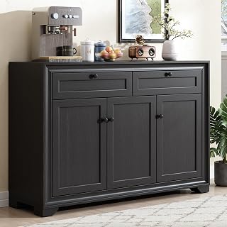 ONBRILL 48 Inch Farmhouse Sideboard Buffet Cabinet, 2 Drawers 3 Doors, Adjustable Shelves, Black Wood Storage for Kitchen Living Room