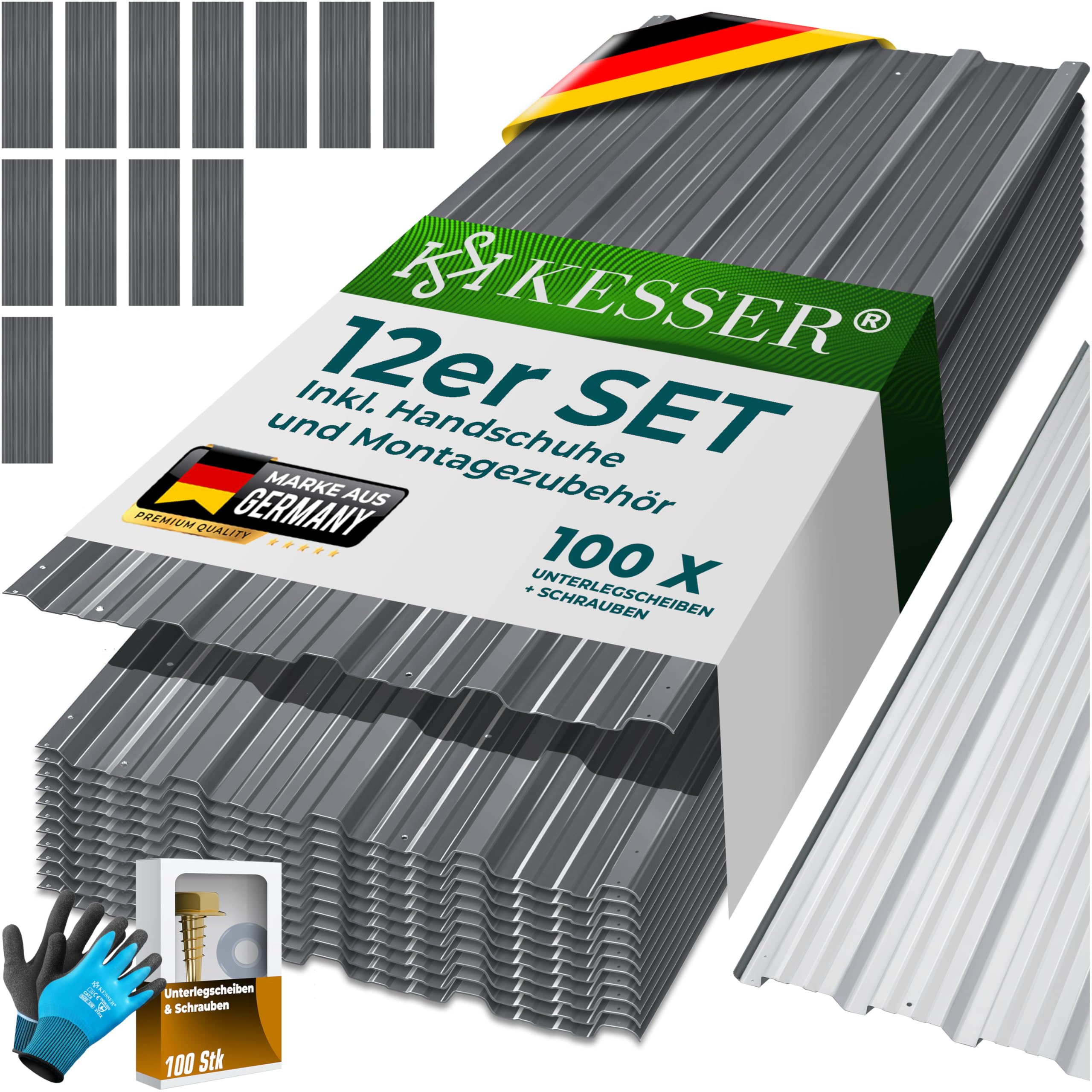 KESSER® 12 Stück Trapezblech Profilblech Set 129x45cm, 7 m² Dachblech verzinkter Stahl 0,25mm, Dachplatten für Gerätehaus, Schuppen & Dach + Schrauben, Unterlegscheiben & Montagehandschuhe, Grau