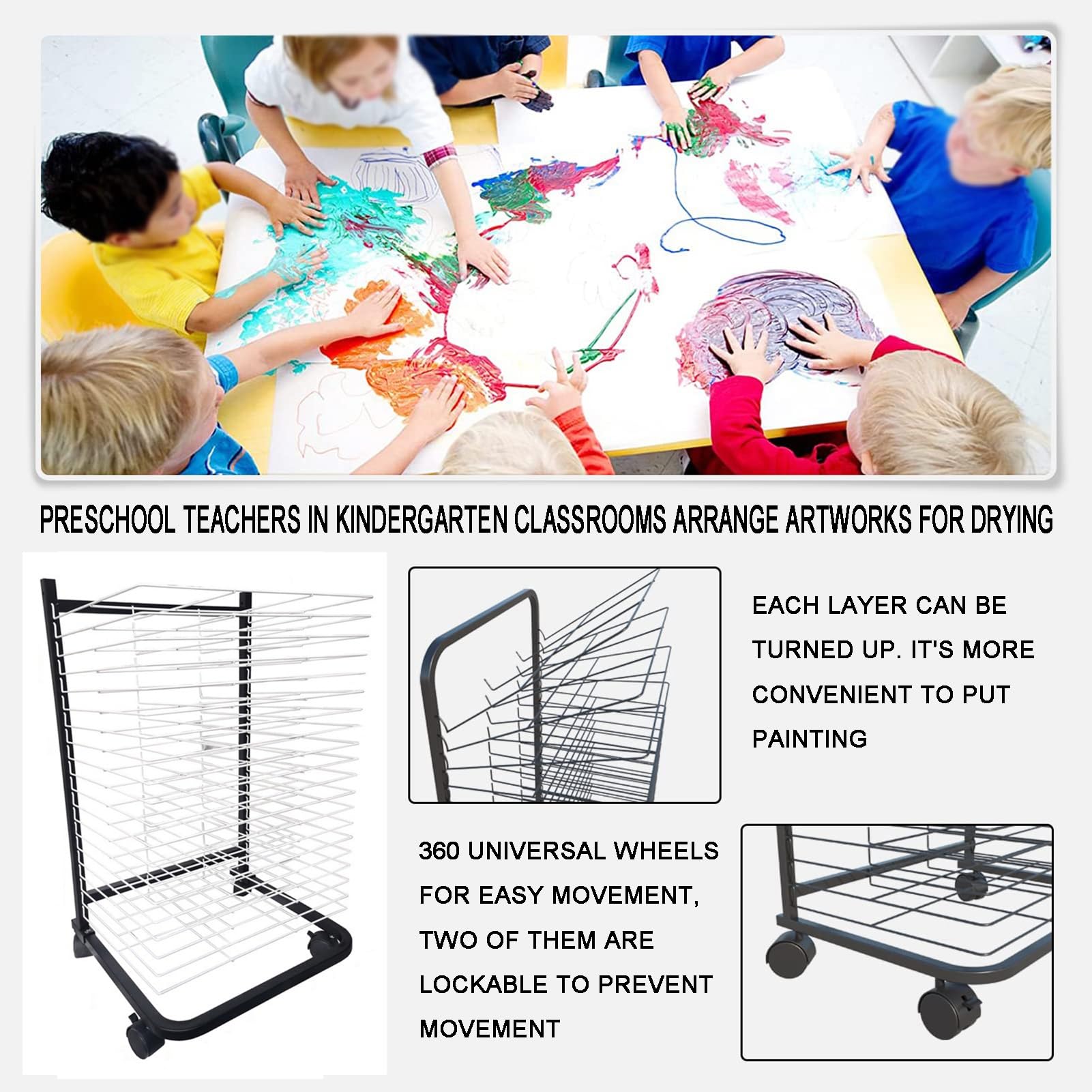 Sztaluga Do Suszenia Prac Artystycznych, Ruchoma Siatkowa Deska Do Suszenia Czasopism, Stojak Do Przechowywania Prac W Szkole Artystycznej I Studiu, Oszczędność Miejsca (kolor: Czarny)(40 layers)