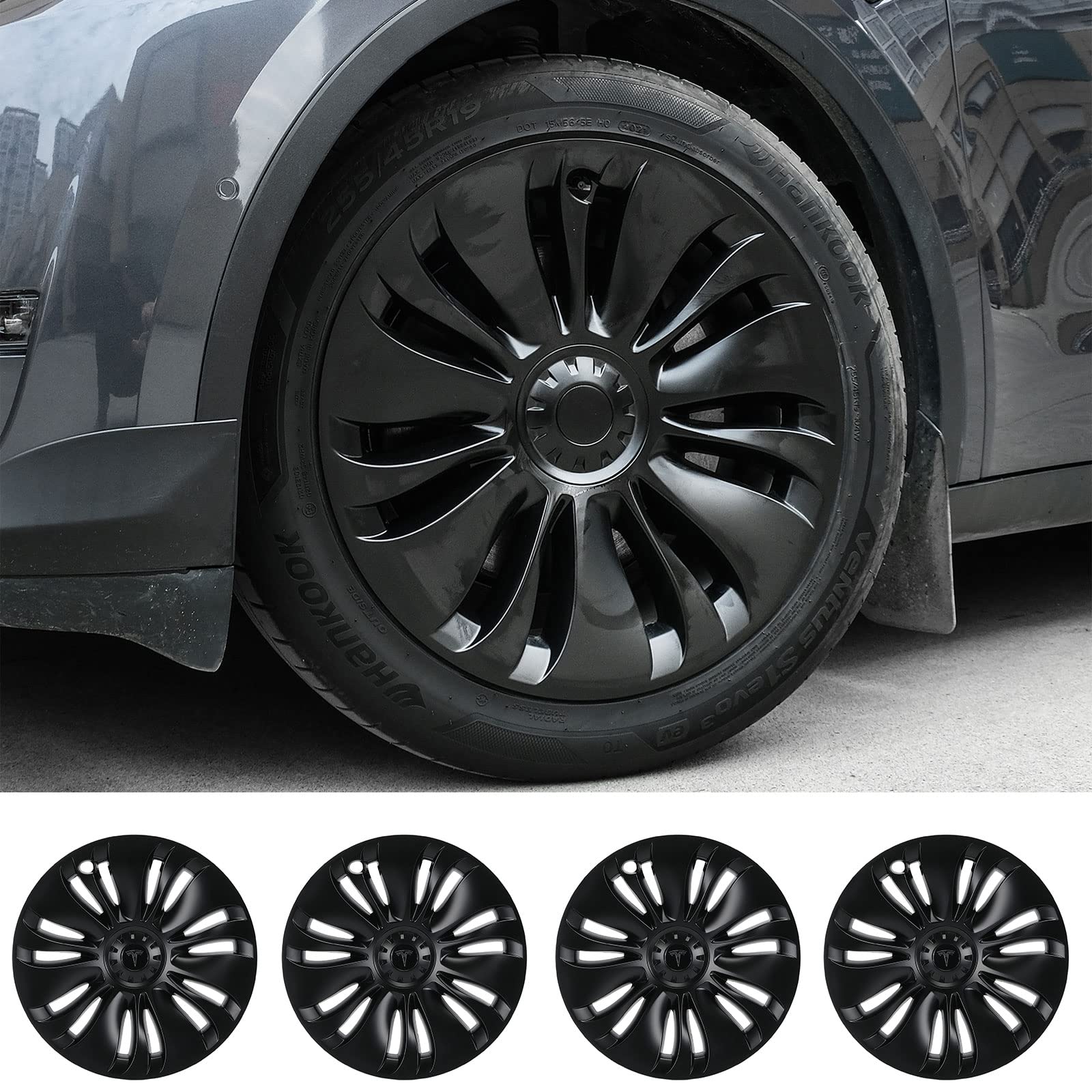 Photo 1 of JAWJUT Wheel Cover Hub Caps 19 inch Compatible with Tesla Model Y Hubcap Replacement Parts Matte Black 4pcs Set For Model Y