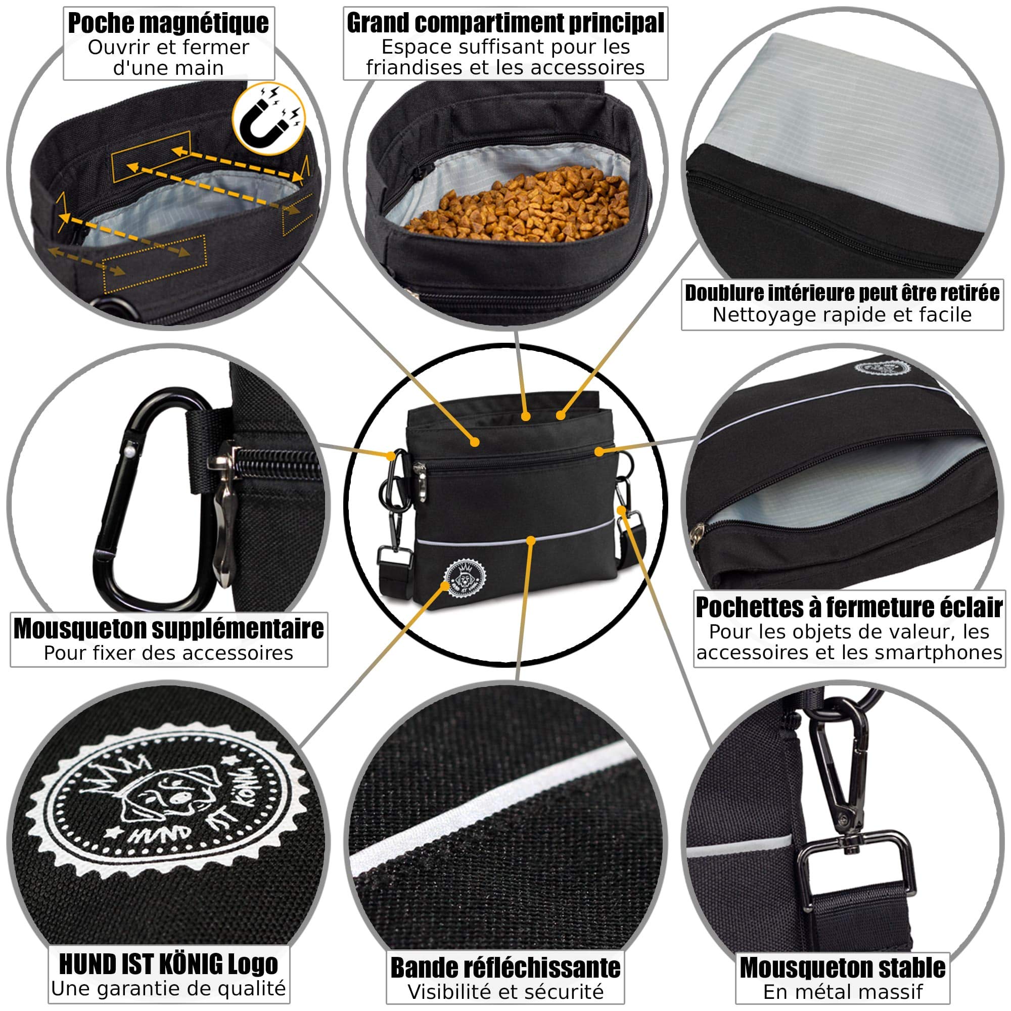 HUND IST KÖNIG Sac à friandises pour chien avec poche magnétique une main, 2 poches à fermeture éclair, poche intérieure amovible, bandoulières rembourrées, parfait pour le dressage des chiens