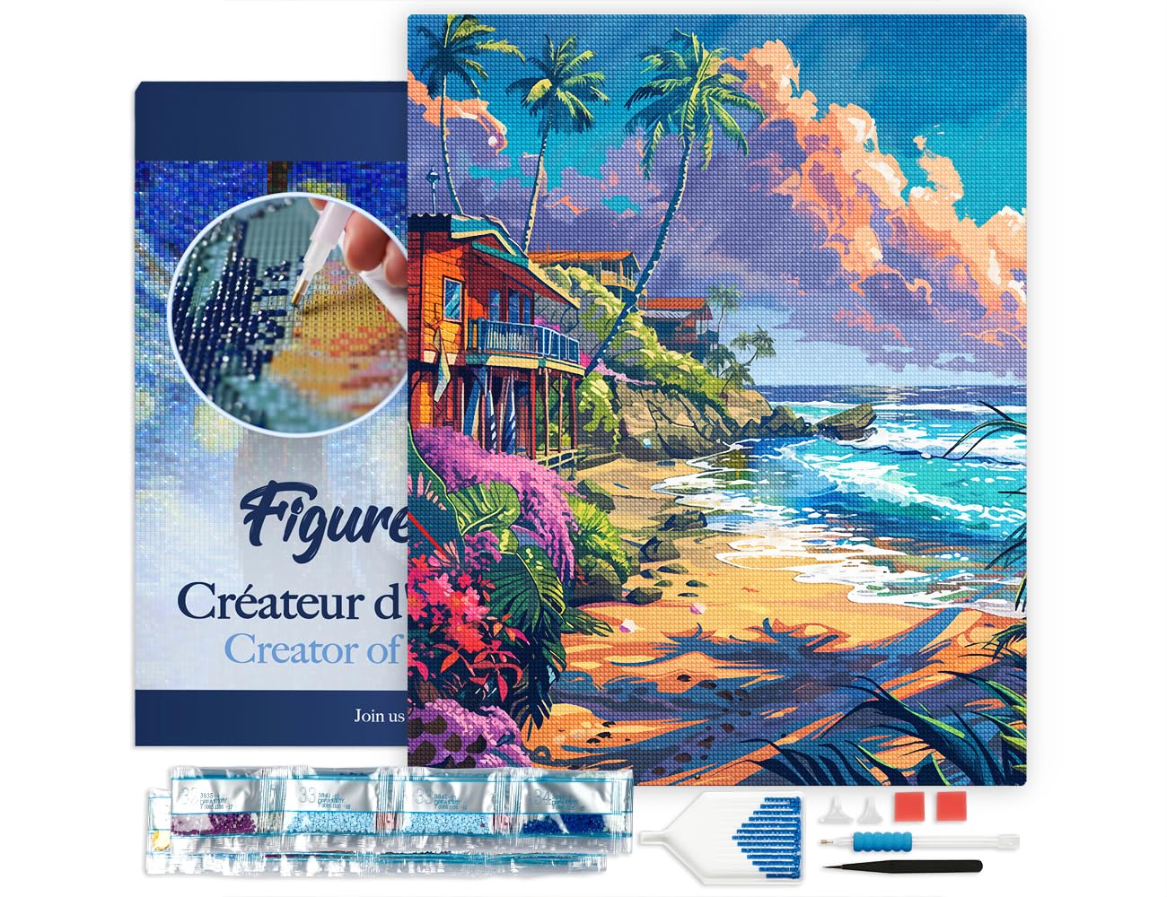 Diamond Painting Kit completo con marco - Cuadro 40x50cm de Pintura de Diamante - Bastidor montado - diamantes cuadrados - Casas en la playa - 5D DIY Manualidades Adultos