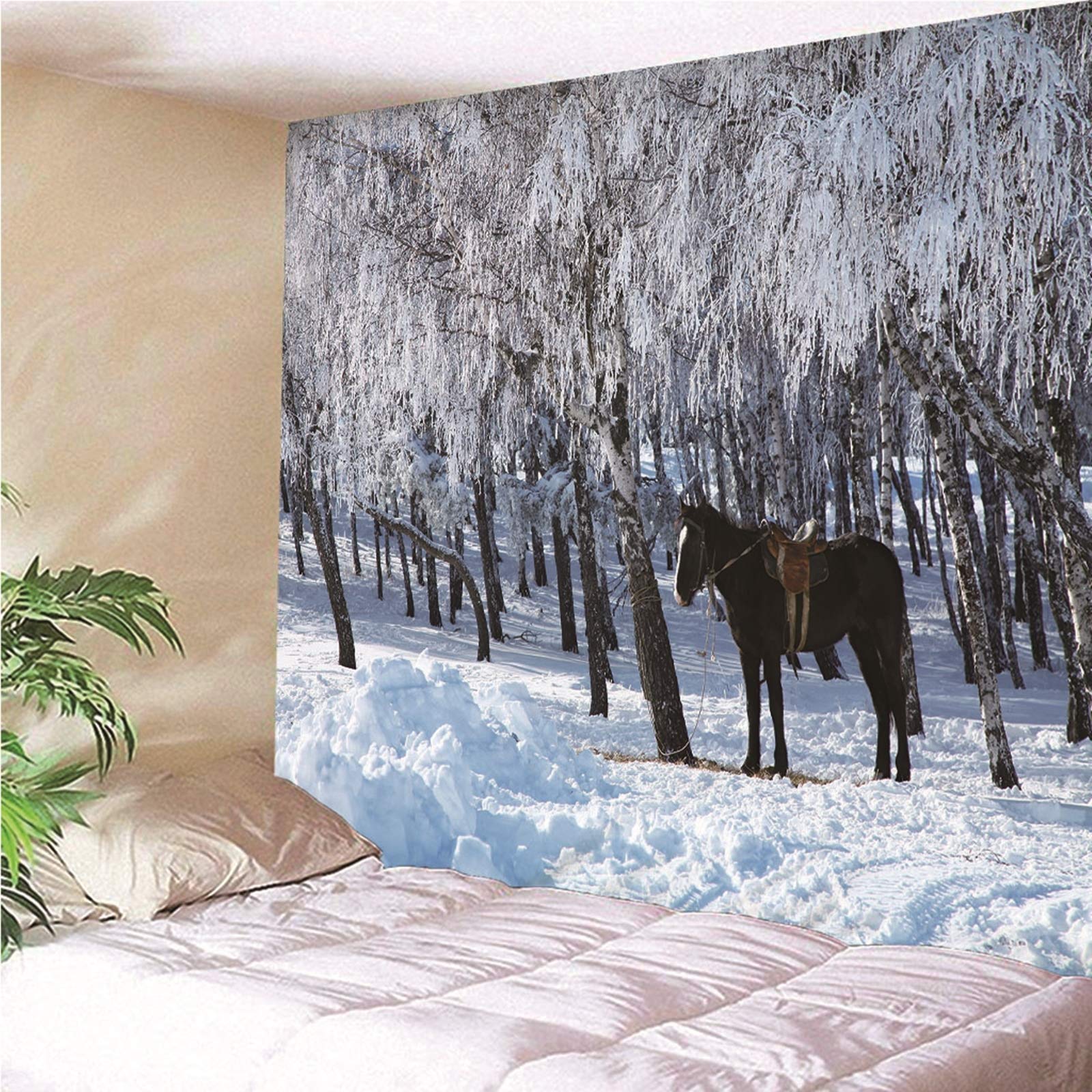 Makata na ścianę do sypialni 300 x 260 cm, poliester, w stylu vintage, z koniem i lasem, na zimę, na ścianę, do sypialni, salonu, dekoracja