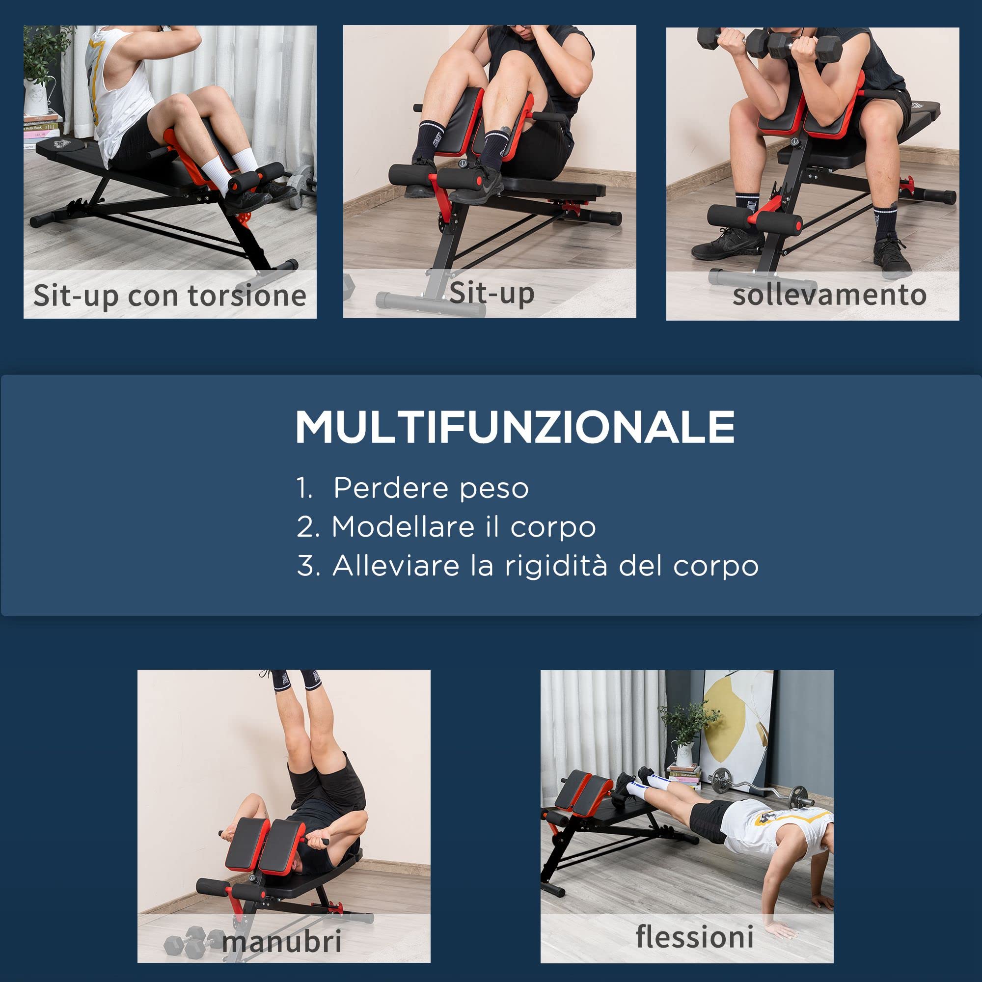 HOMCOM Panca Piana Palestra, Panca Pesi Regolabile per Allenamento a Casa, Panca Palestra Multifunzione con 1 Regolazione Piana e 2 Reclinazioni, 4 Regolazioni del Piede, Nero