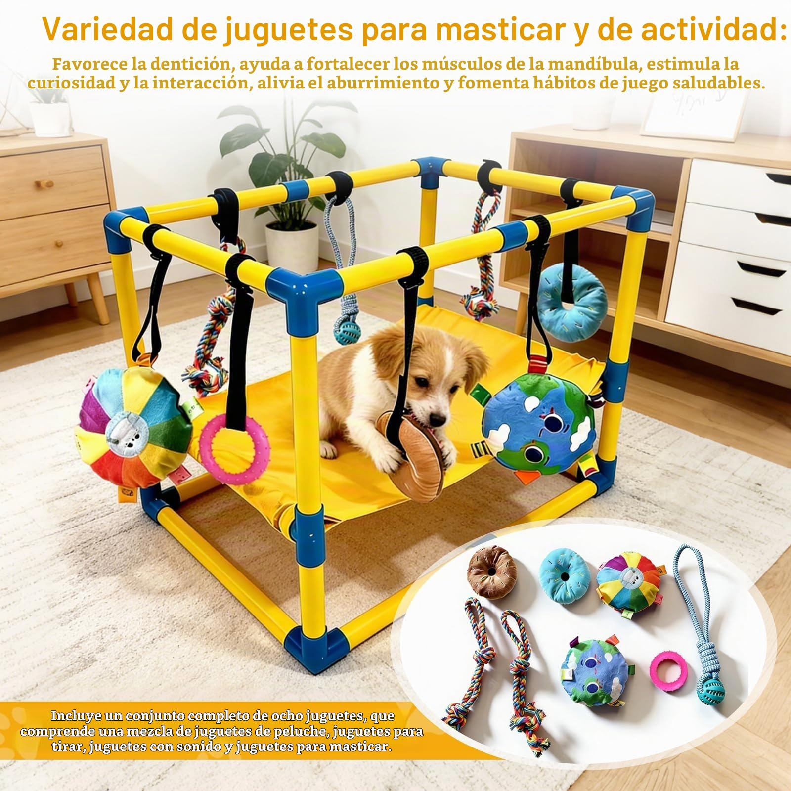 Gimnasio de Juego para Cachorros, Sala de Juegos para Perros de 60 x 40 x 40 cm con Hamaca y Juguetes Colgantes Gimnasio Interior de Selva con Juguetes para Perros para Promover el Ejercicio y Mental