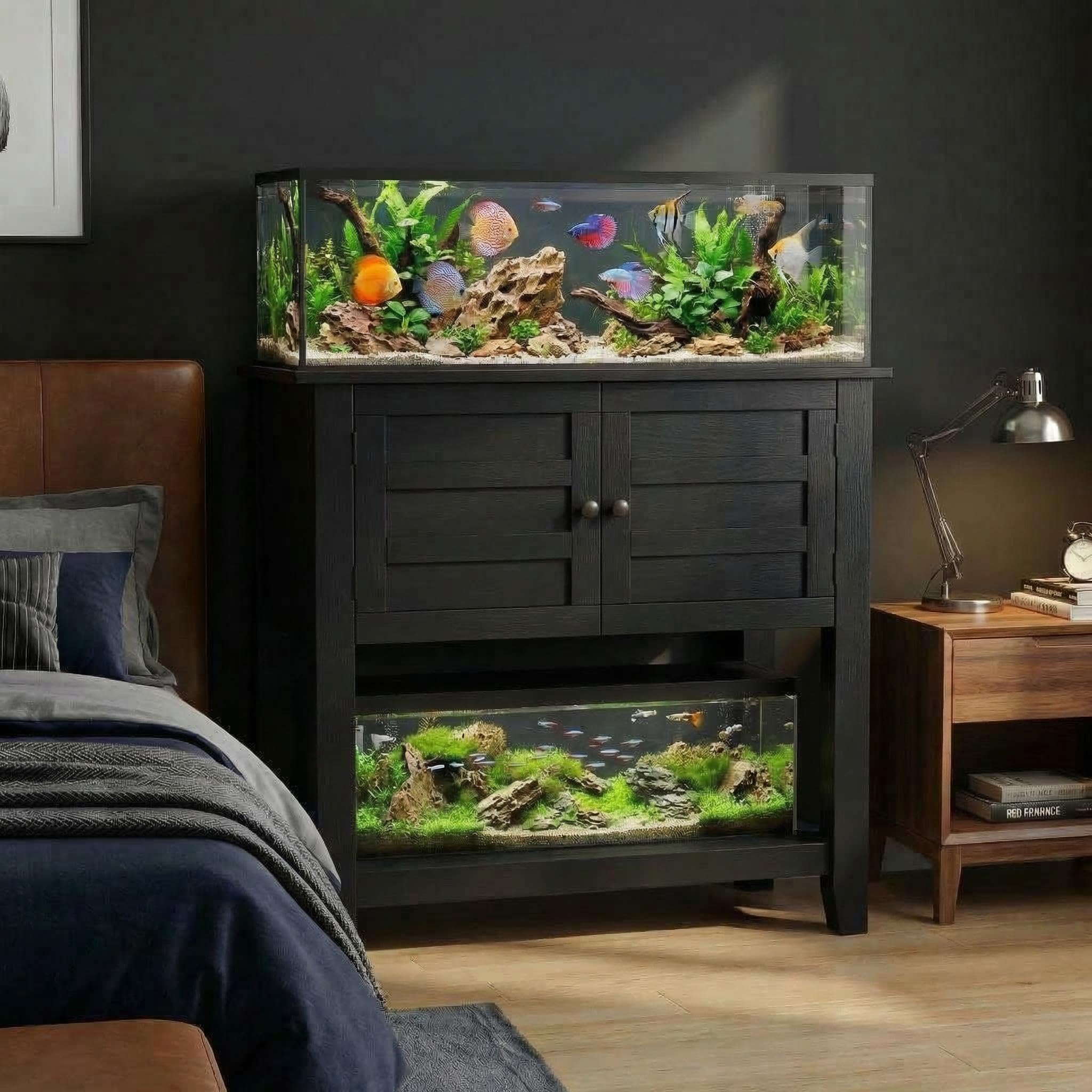 Meuble Aquarium Noir et Bois Support 75L-110L Autoportant Capacité 300kg
