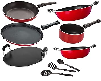 NIRLON Non Stick Coated Aluminium Cookware Utensil Combo Set Offer, Red, 9 - Piece [2.6mm_FT13_KD13_KD14_SPM_RT_TP24_3SPN]
