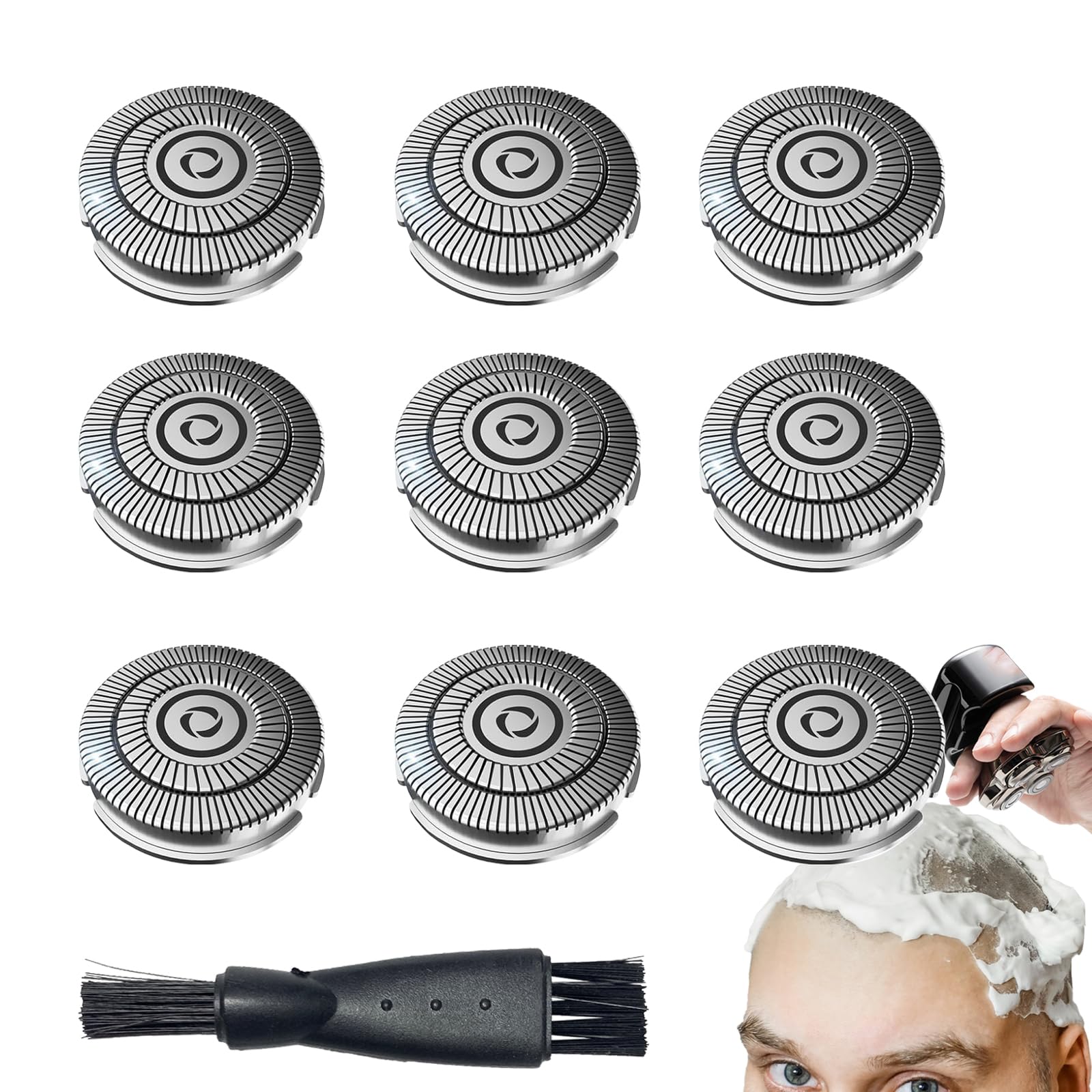 IKSAMY 9 Cabezales de Repuesto para Afeitadora Pitbull Skull Shaver. Adecuados para Hombres Calvos, Pitbull Platinum Pro. Incluye Cepillo de Limpieza. Accesorios Originales para Skull Shaver