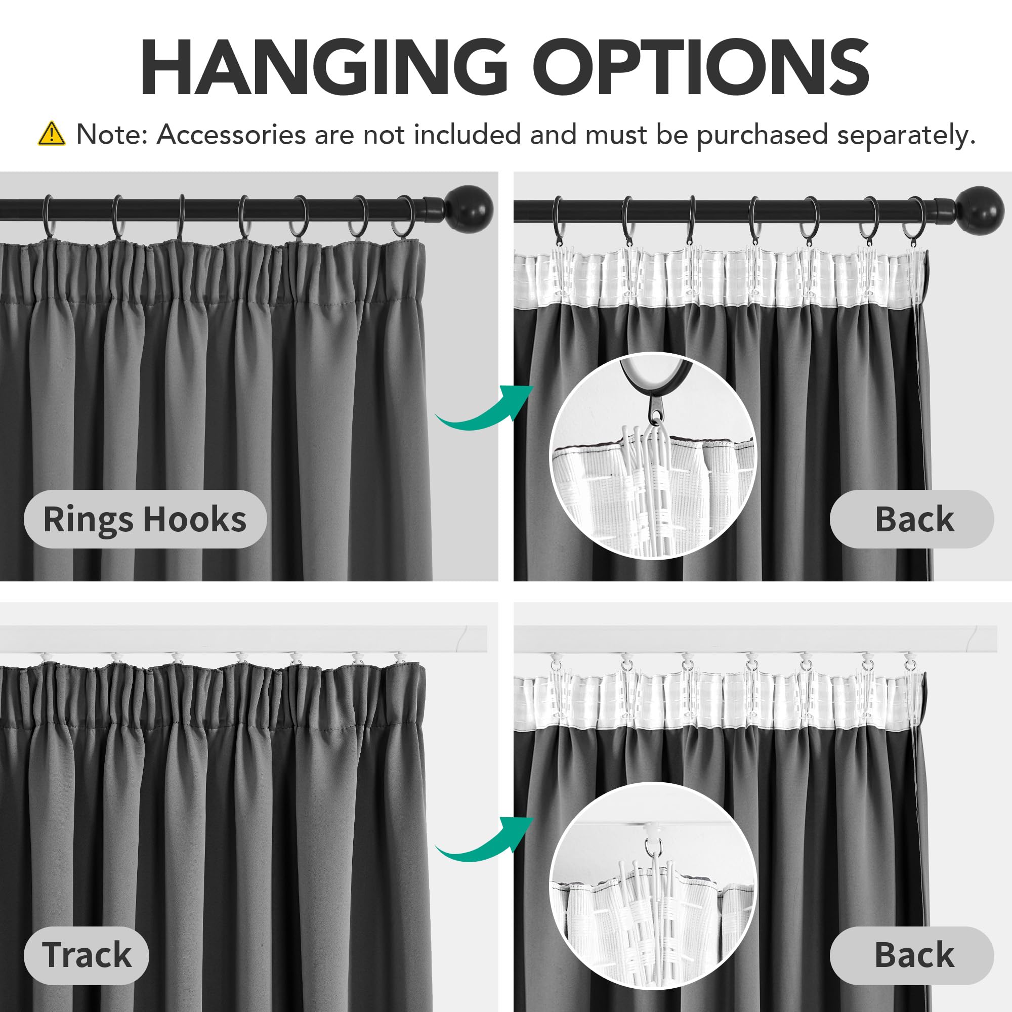 Deconovo Solid Blackout Curtains, Pencil Pleated Thermal Insulated Room Divider Curtain for Living Room 118 x 96 Inch - Image 4