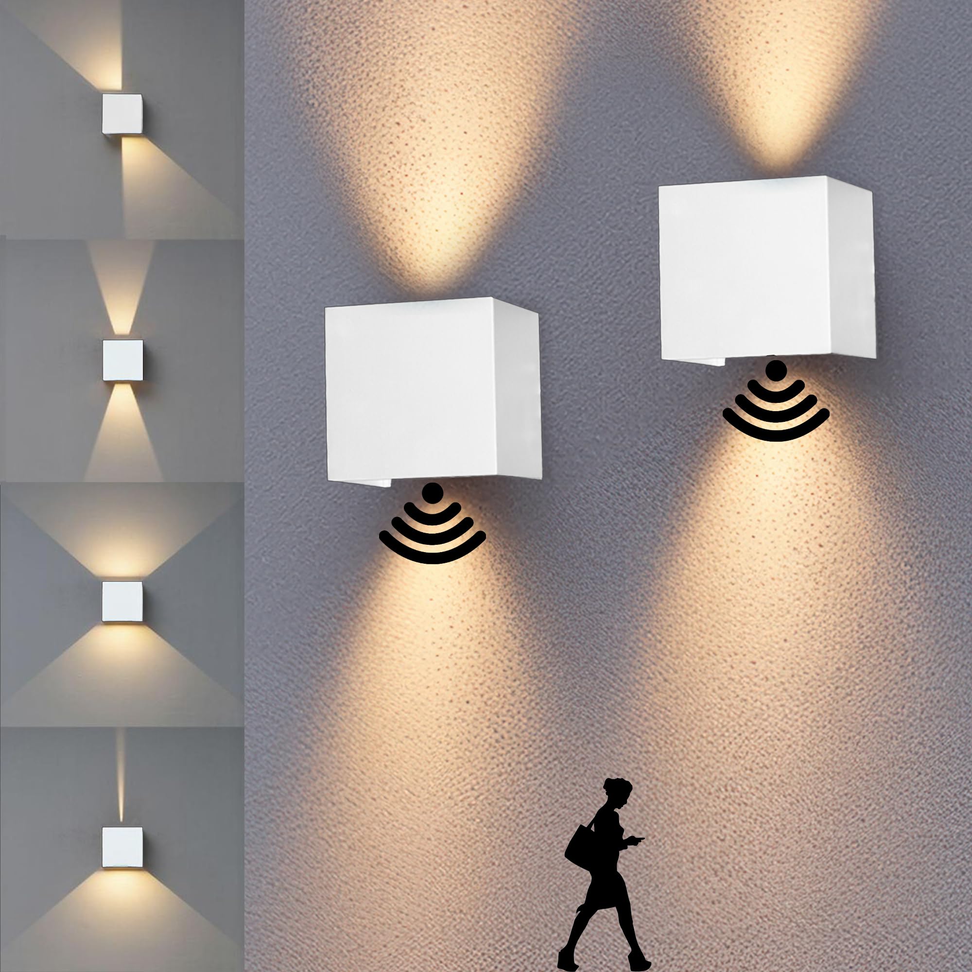 KarlpaSW PIR Up Down Outside Lights 2pack,12W Outdoor Wall Lights with Sensor Mains Powered Dawn to Dusk,3000K IP65 White Cube LED Wall Lamp for Side Door,Hallway,Garden