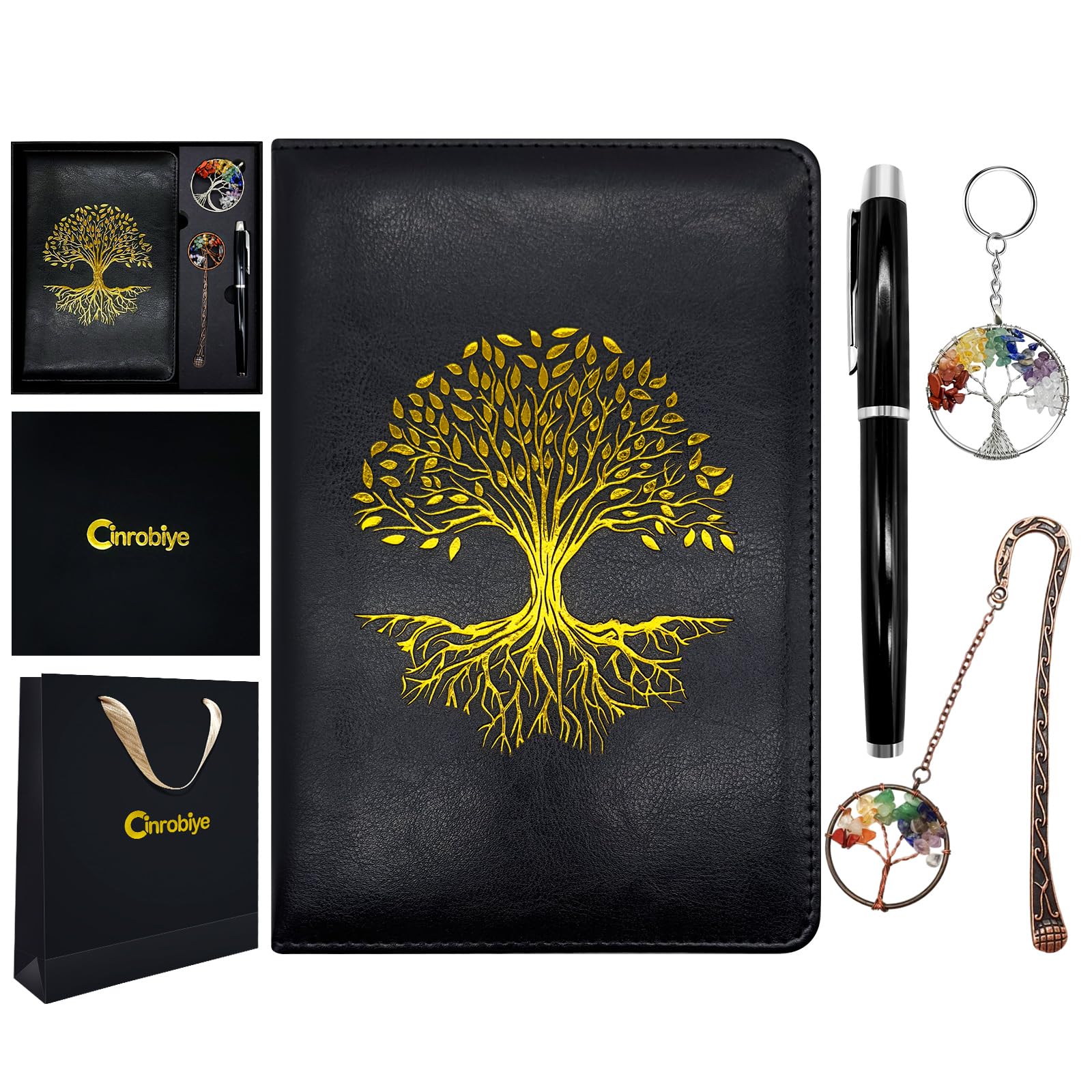 Tree of Life Journal Notebook with Pen Gift Set，A5 Hardcover Fancy College Ruled Notepad with Pen Holder Bookmark Keychain for Office Supplies，Leather Notebook for Men & Women Travel Business Work