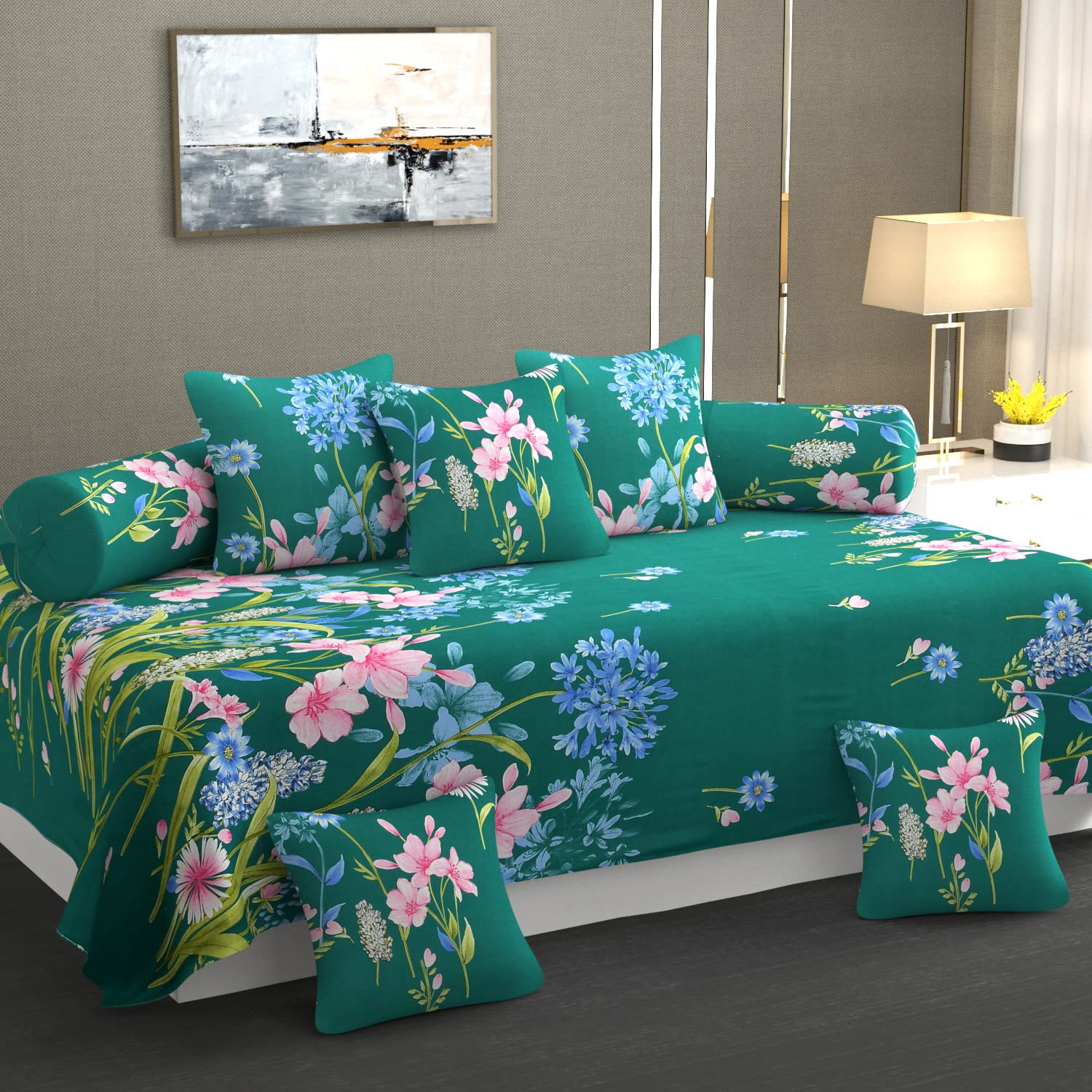 CHHILAKIYA Diwan Set Covers Cotton 8 Pieces Pure Cotton Designer Printed Standard Diwan Set (1 Single Bedsheet(60x90 Inch) 2 Bolster Covers(16x16 Inch) 5 Cushion Covers(16x32 Inch) (GREEN-01)-image-47