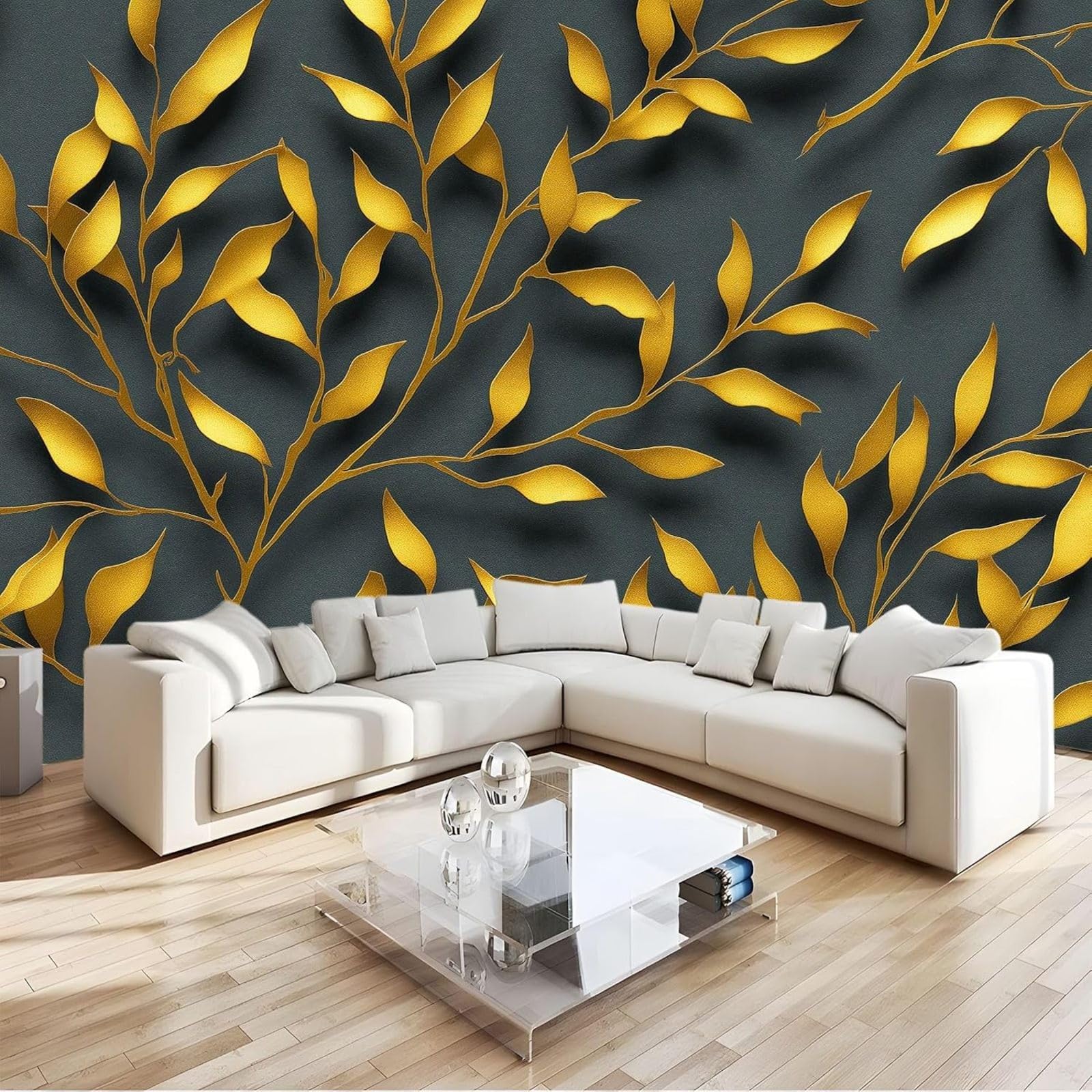 hgjdjhnf Photo Wallpaper Leaf 3D Gold Wallpaper wall Covering wall Decoration Design Patterned Wallpaper wall Decoration Living Room Bedroom Office Hallway, Grey, 250cm x 175cm