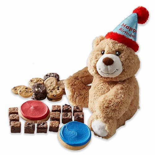 Mrs. Fields - Paquete de oso de feliz cumpleaños, surtido con 18 galletas de tamaño bocado, 2 barras de brownie y 2 galletas heladas a mano (22
