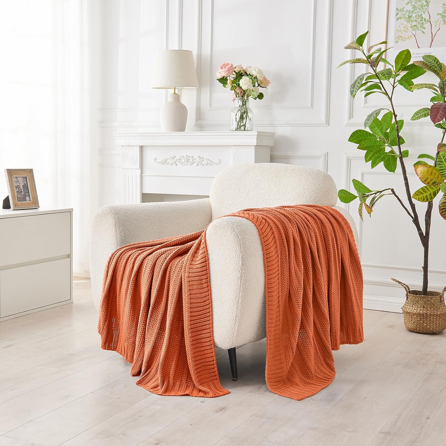 Douceur Orange Throw Blanket for Bed, Soft Cozy Lightweight Stripe Pattern Knitted Throw Blanket for Sofa, Living Room Gift, 50"X60" - Image 2