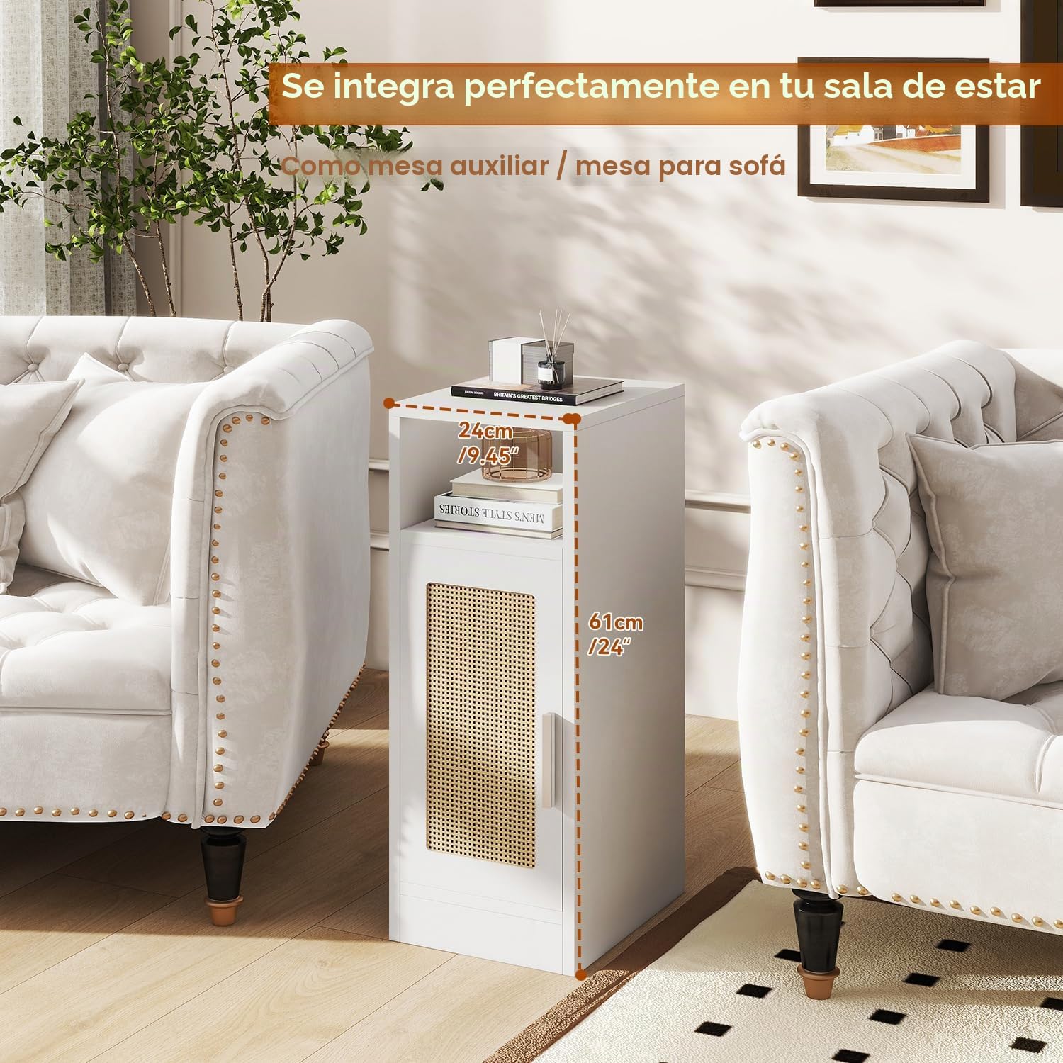 IBUYKE Mesitas de Noche Estrechas Pack 2,de Ratán,Blanco WNS012W-2 | con Compartimentos Abiertos y Armario,Puerta magnética,para Espacios Pequeños, Mesa Auxiliar para Dormitorio,Salón