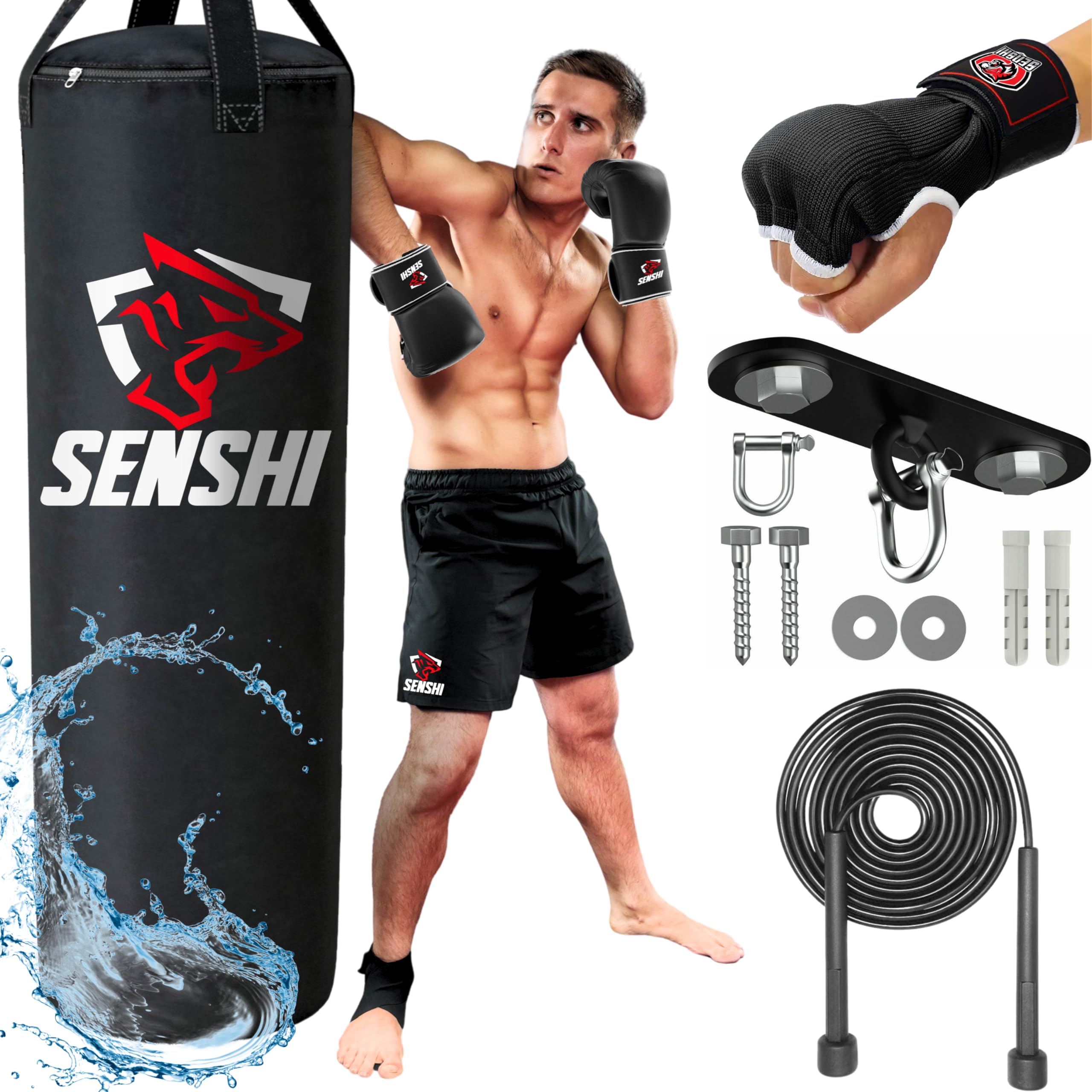 Outdoor Punch Bag 𝗛𝗘𝗔𝗩𝗬 𝗙𝗜𝗟𝗟𝗘𝗗 3, 4, 5ft For Boxing, MMA, Muay Thai Boxing Gloves, Skipping Rope & Bracket Set For Kids & Adults