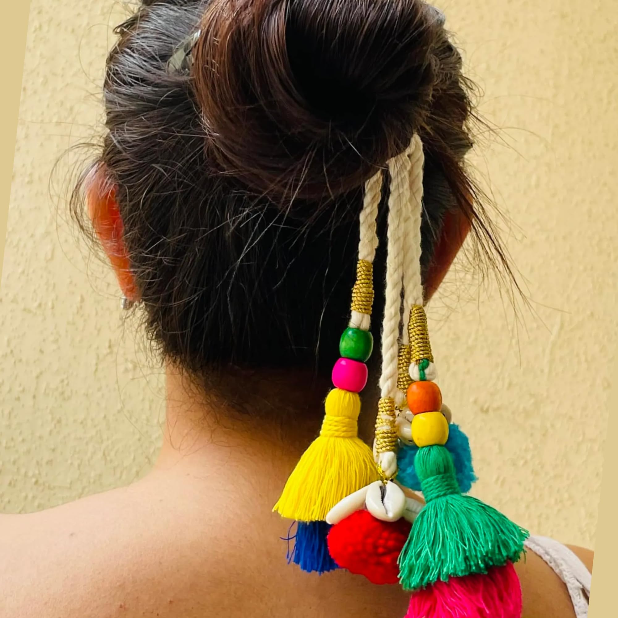 MILAPARK CRAFTS Boho Hair Scrunchie with Hanging Tassels, Pom-Poms & Cowrie Shells | Ethnic Decorative Hair Tie for Women & Girls | Perfect for Buns, Braids & Navratri Festive Hairstyles 4