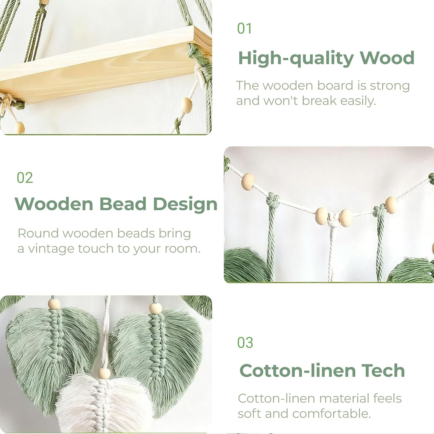 Wooden Floating Shelves for Room Wall, Hanging Storage Organizer, Boho Wall Decor, Plant Shelf for Bathroom, Bedroom, Office, Kitchen, Living Room, Dorm (Green, 2 PCS)