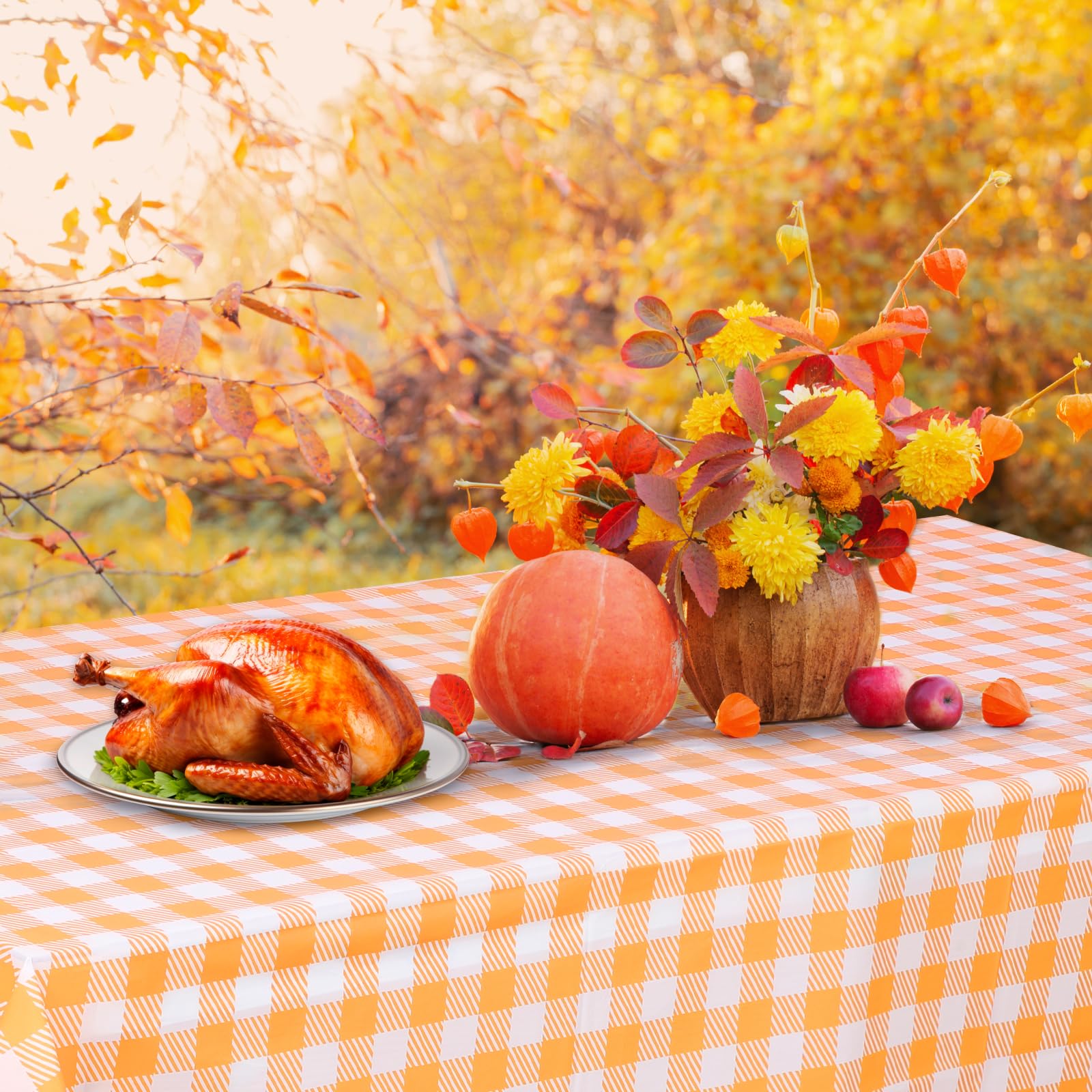 3-Piece Fall Thanksgiving Pumpkin Tablecloth Set - Rustic Watercolor Autumn Leaves Pattern, 54x108 Inch Plastic Table Covers 8 thumbnail image