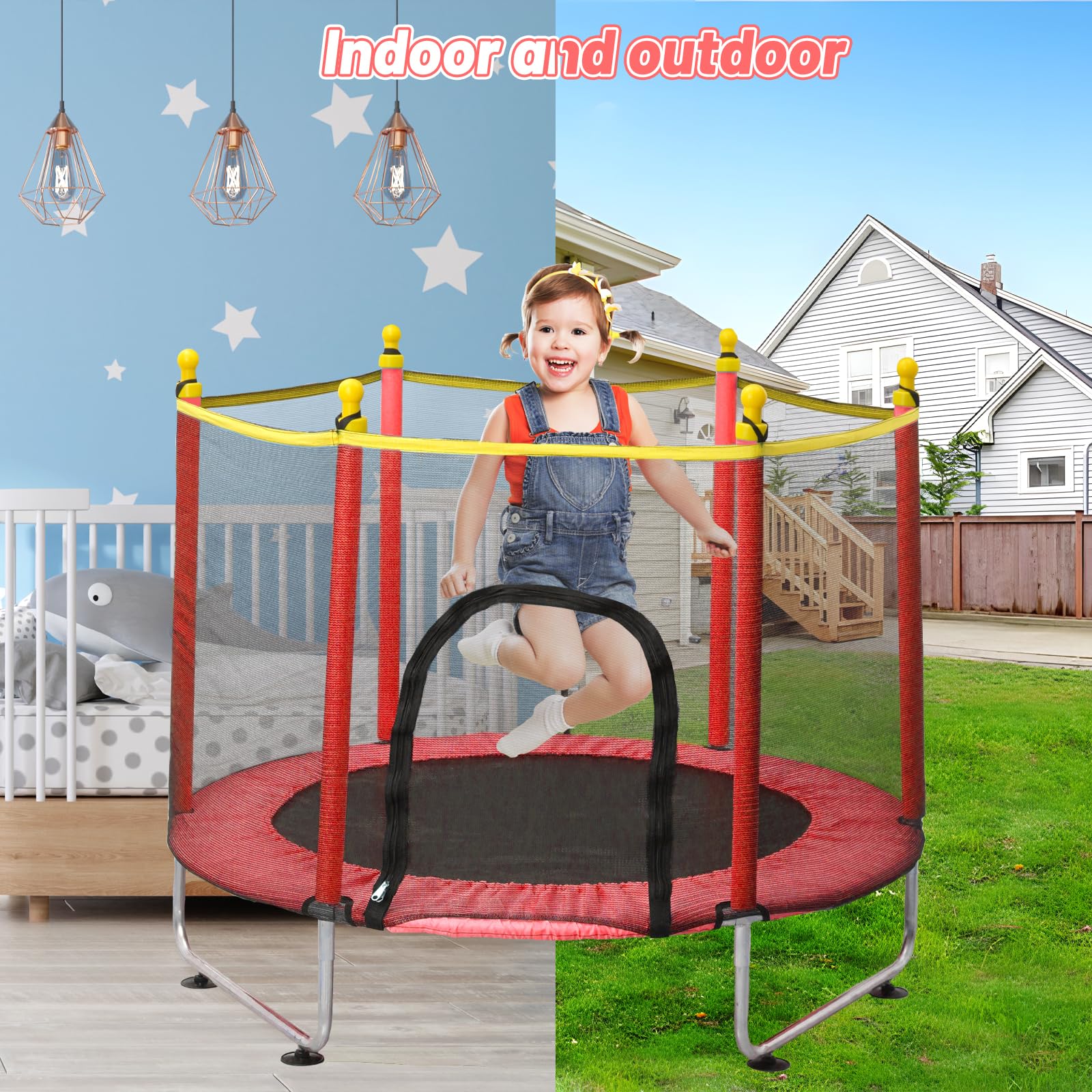Dziecięca trampolina 140 cm, Trampolim Criança na zewnątrz z siatką bezpieczeństwa, wewnętrzne elastyczne łóżka z koszem do koszykówki, trampoliny dla dzieci 2 3 lata