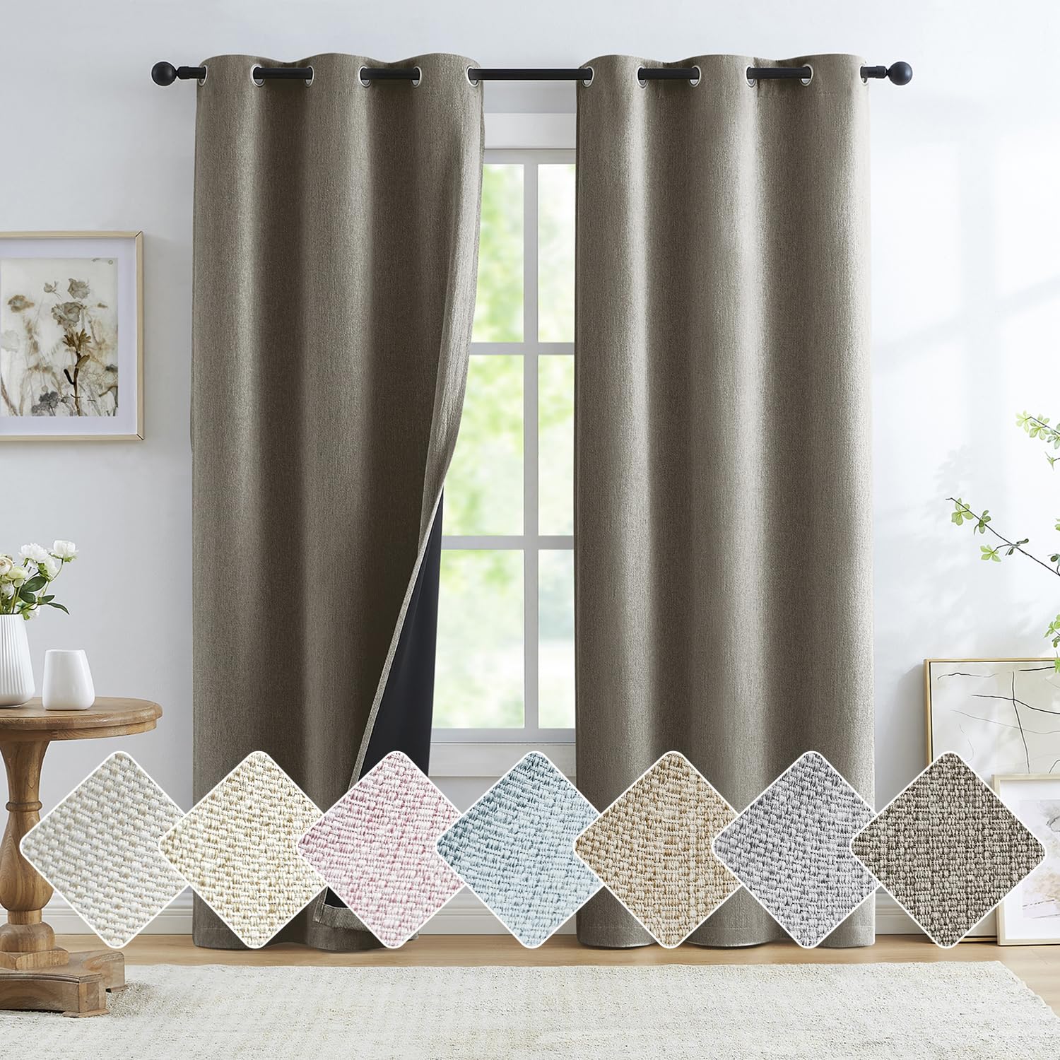 Treatmentex Chocolate Brown Blackout Linen Curtains, Grommet Top Energy Efficient Retro Burlap Linen Curtains Privacy Bedroom Drapes, Coffee, 40" Wide x 45" Length Short Drapes, 2 Panels